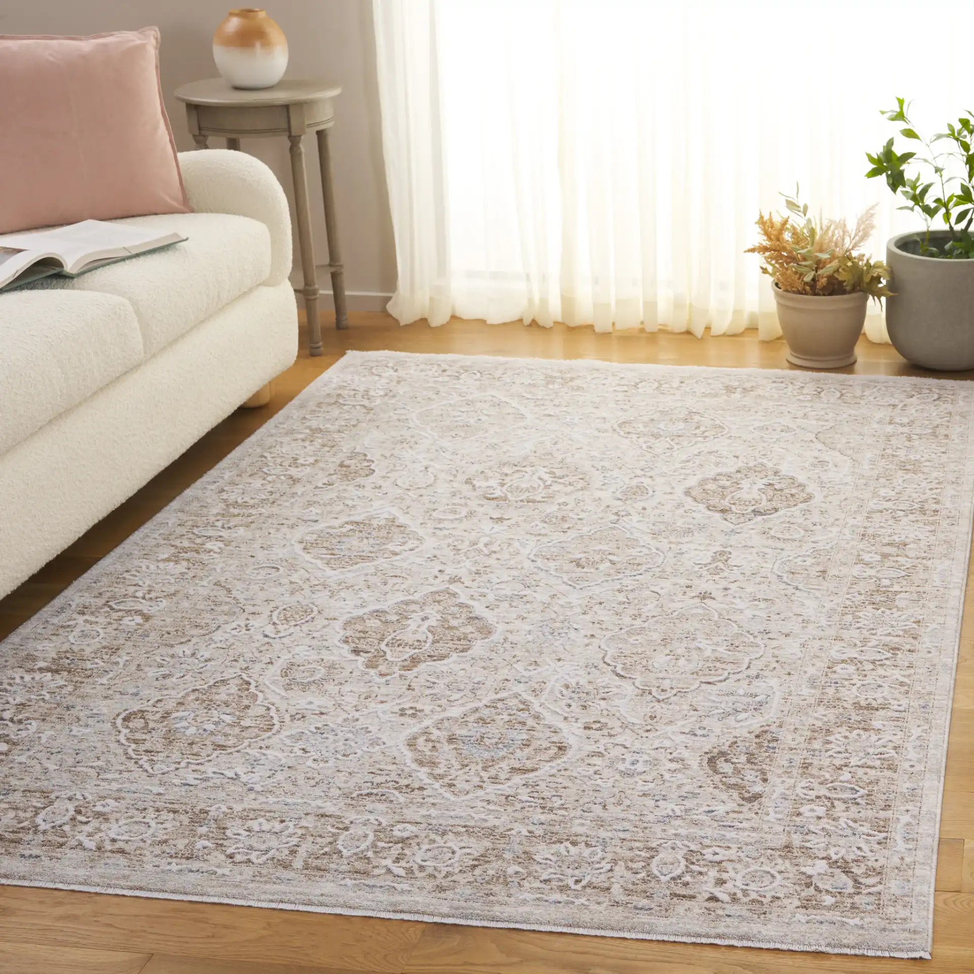 Finley Allover Palmette Rug in Brown / Gray in a styled room