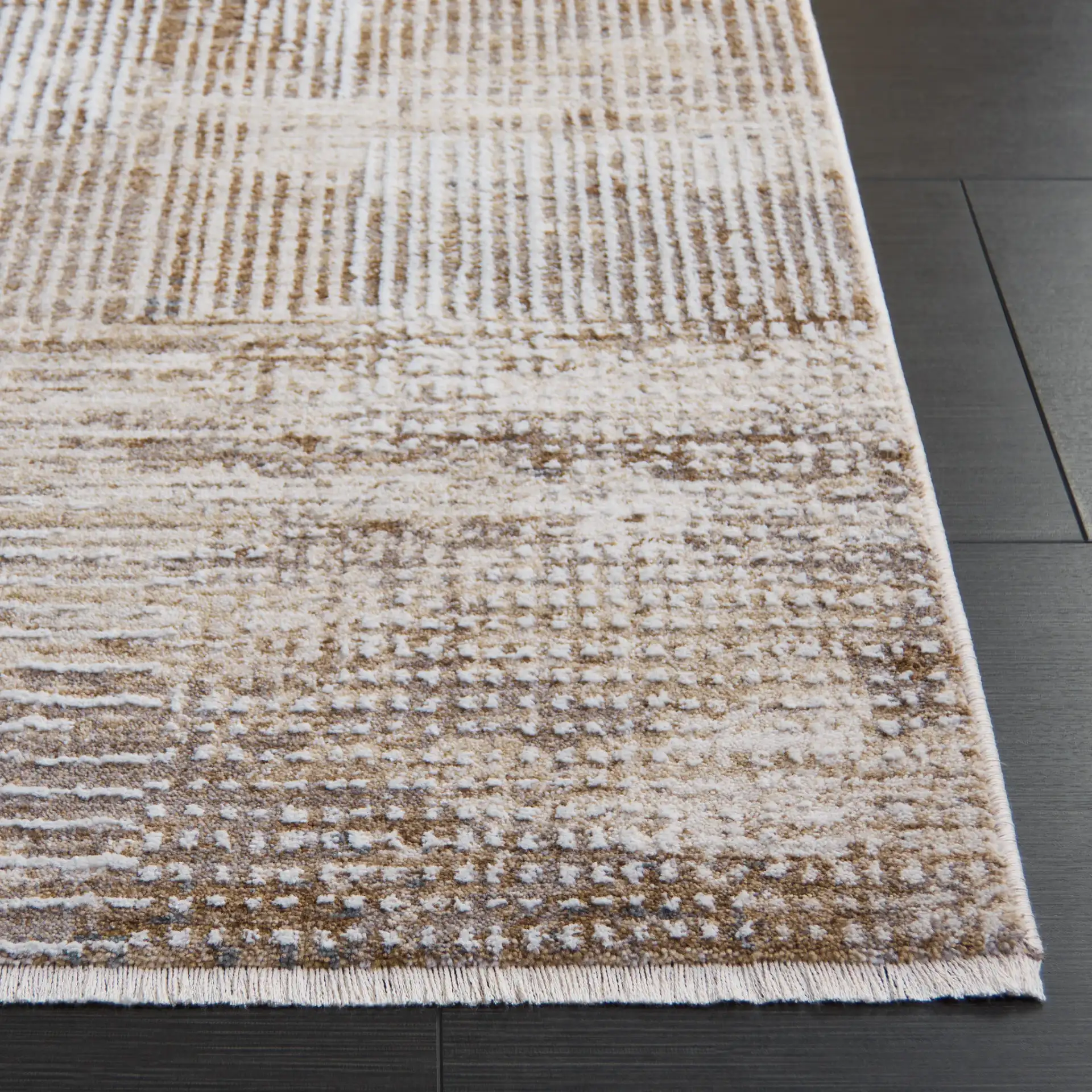 Finley Linear Patchwork Rug in Ivory / Beige in a styled room