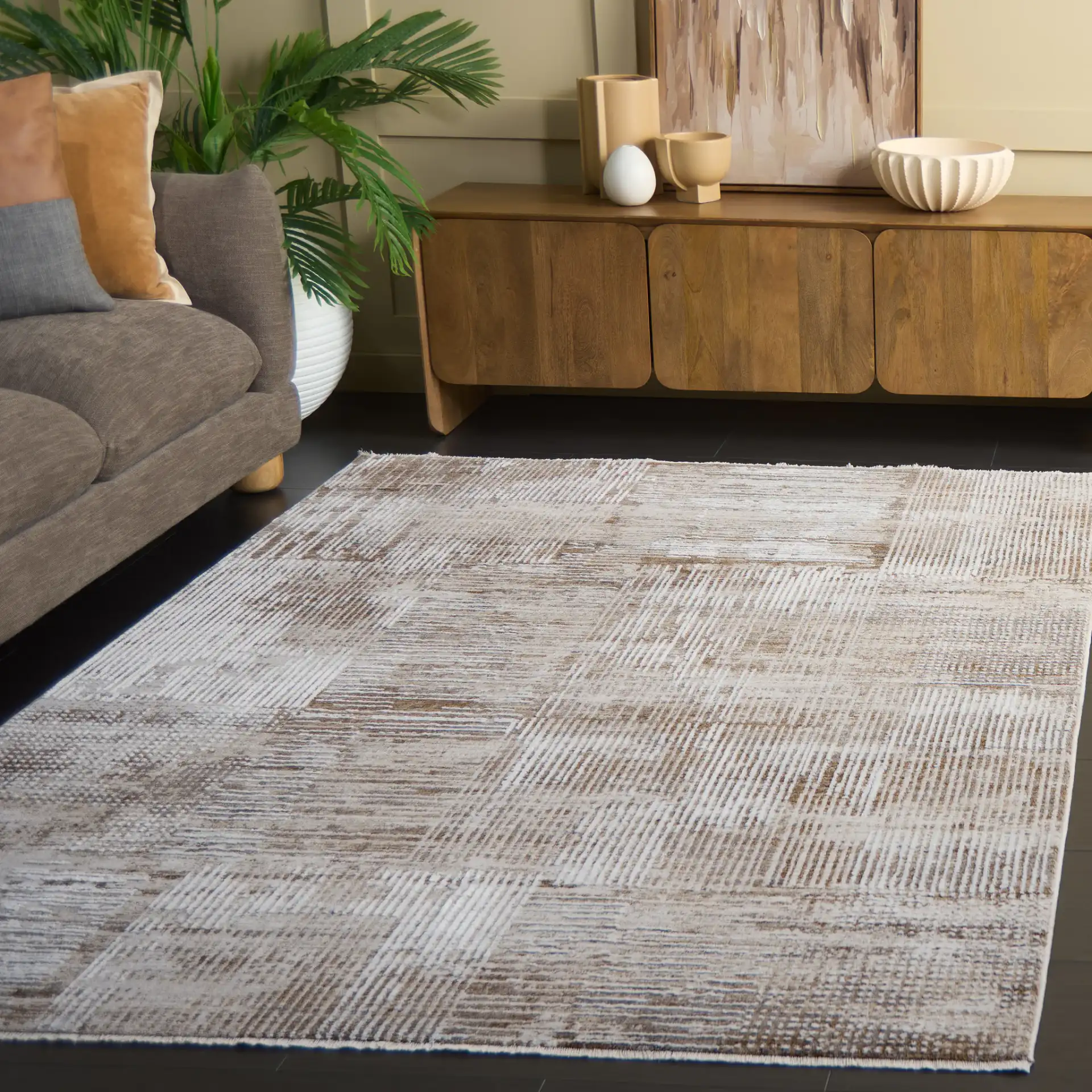 Finley Linear Patchwork Rug in Ivory / Beige in a styled room