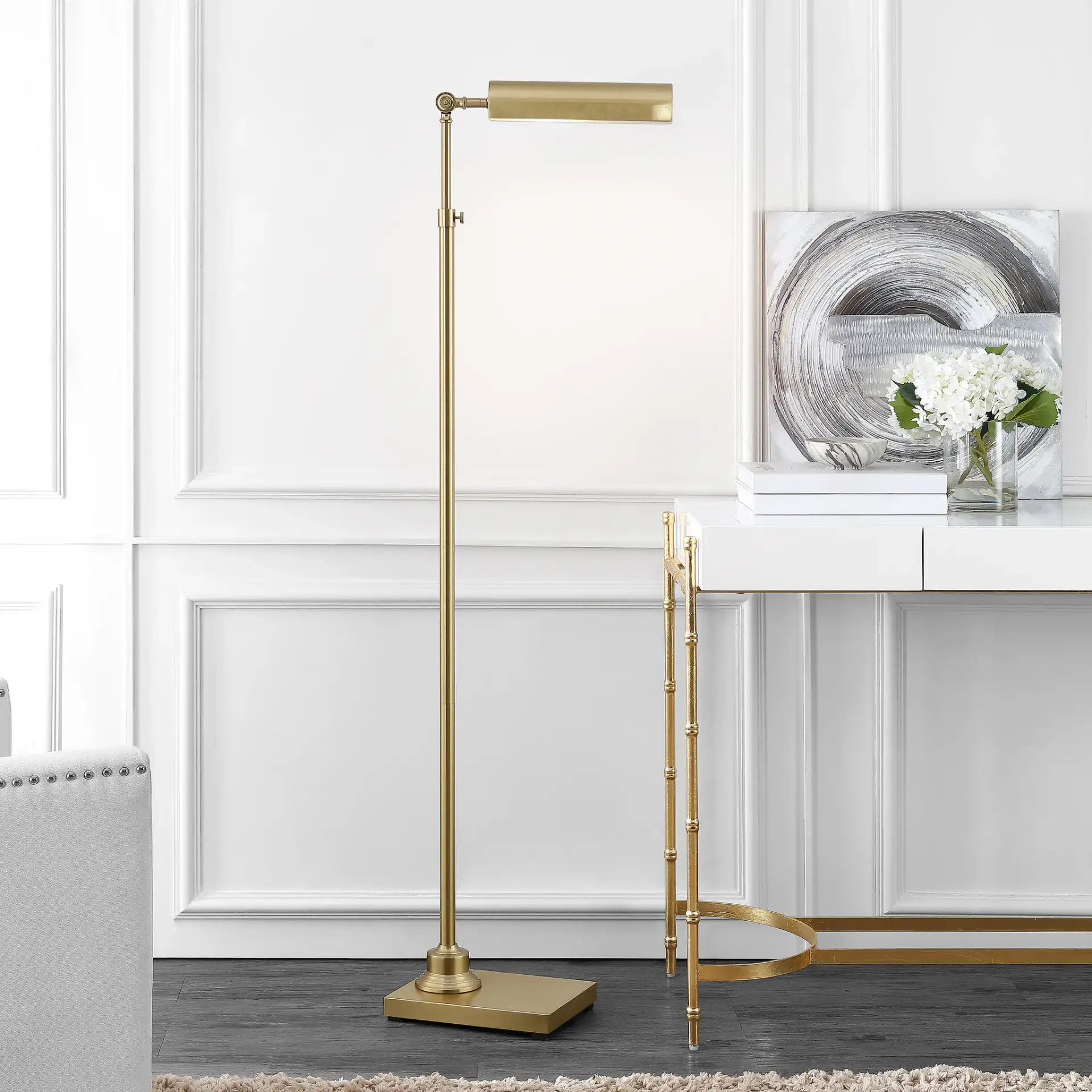 Renla Floor Lamp in Brass in a styled room