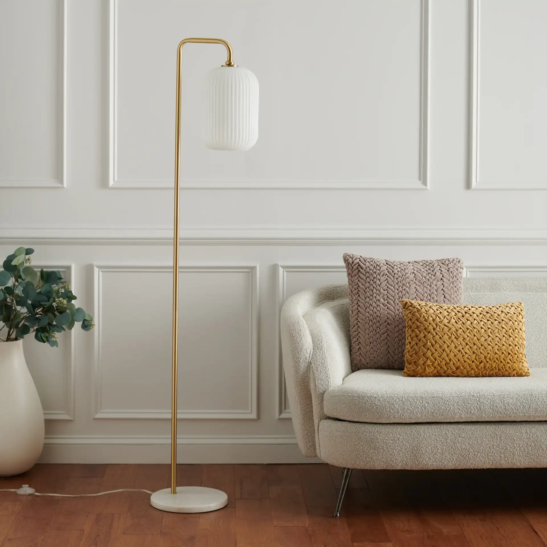 Santina Floor Lamp in Gold / White Marble in a styled room