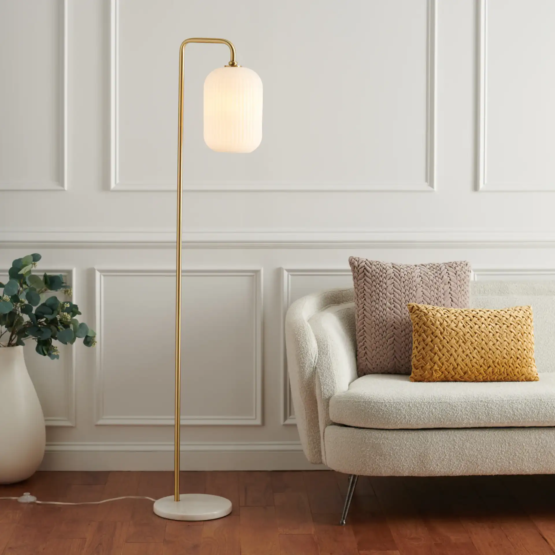 Santina Floor Lamp in Gold / White Marble in a styled room