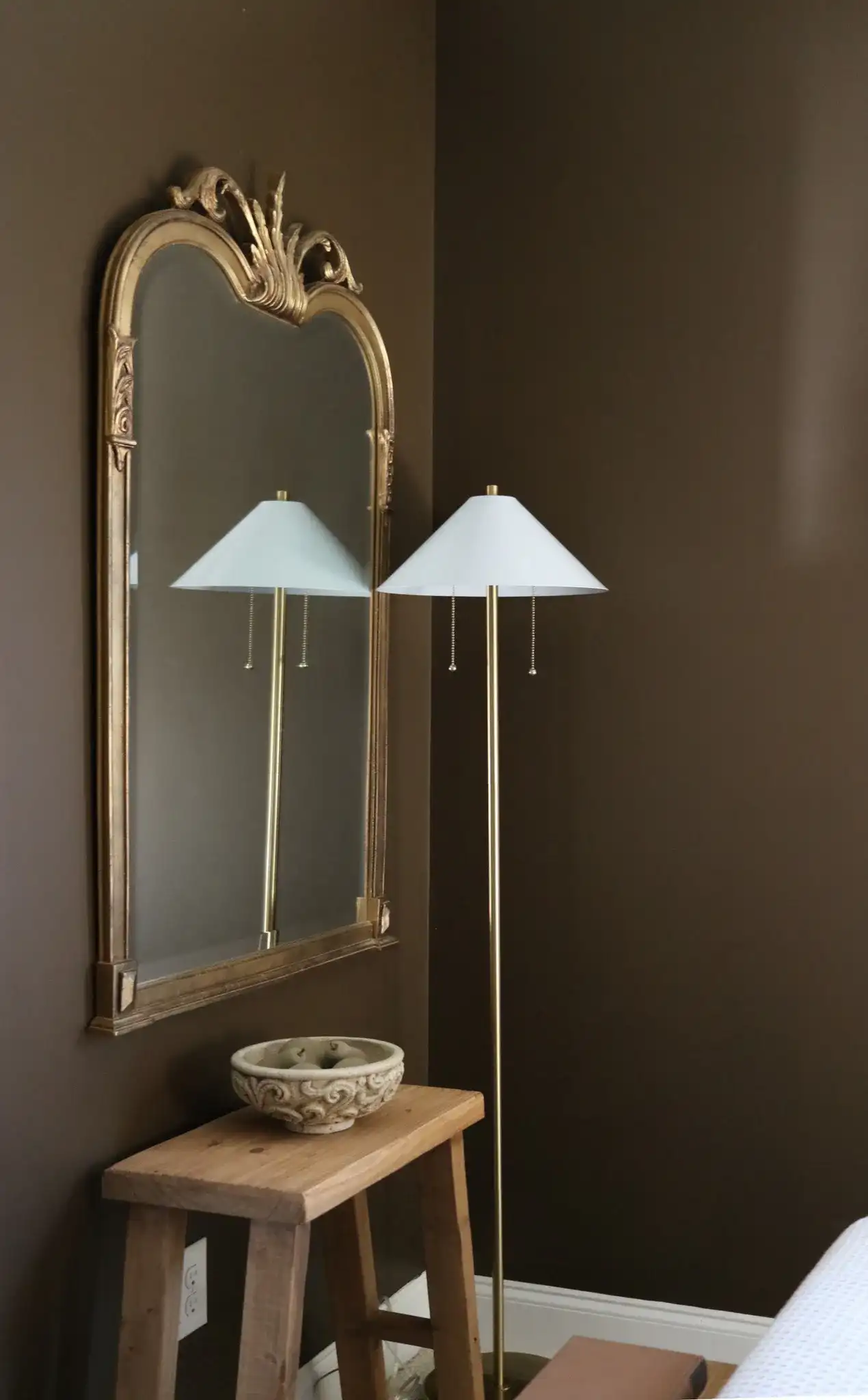 Prisma Three-Piece Floor And Table Lamp Set in Brass Gold in a styled room