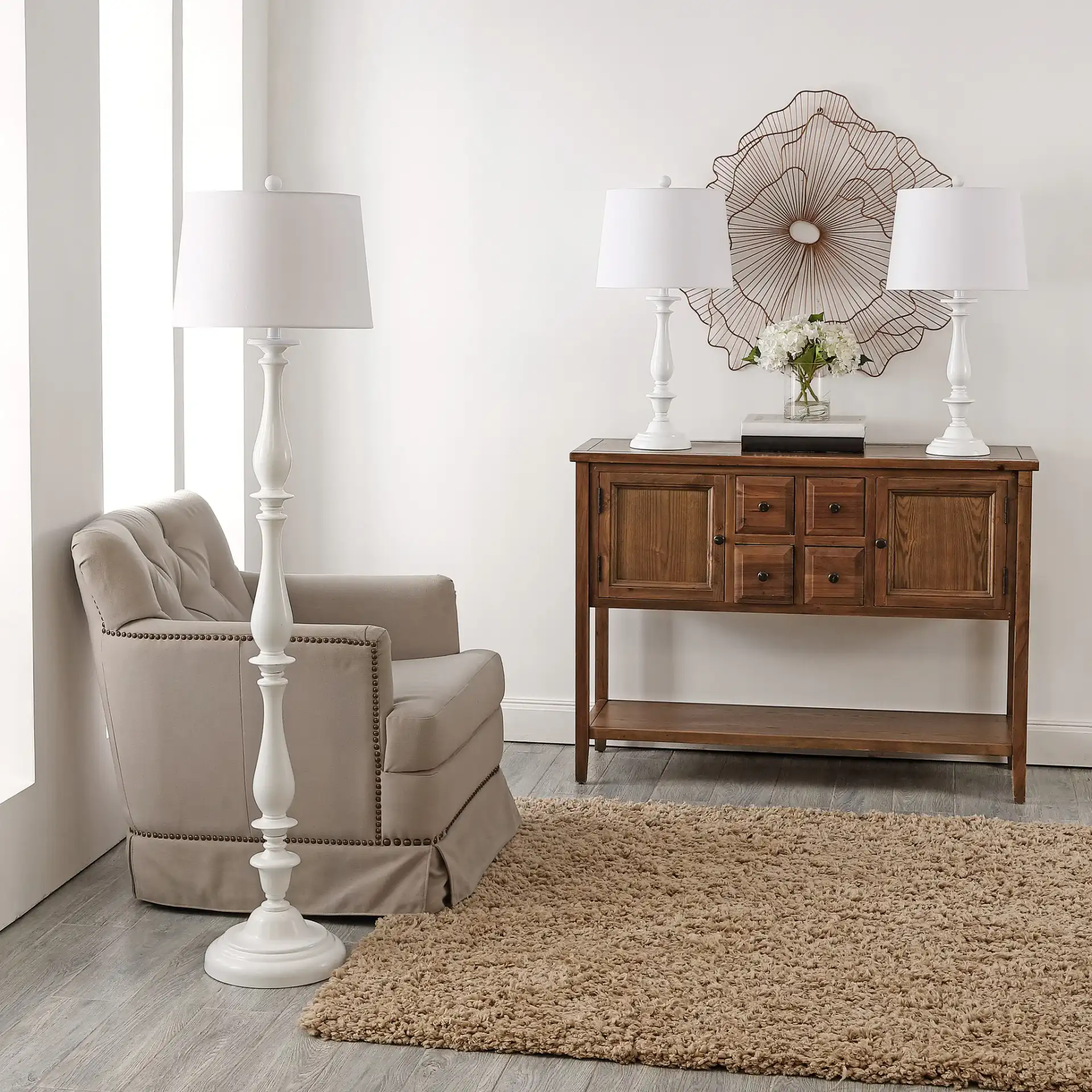 Bessie Three-Piece Floor And Table Lamp Set in White in a styled room