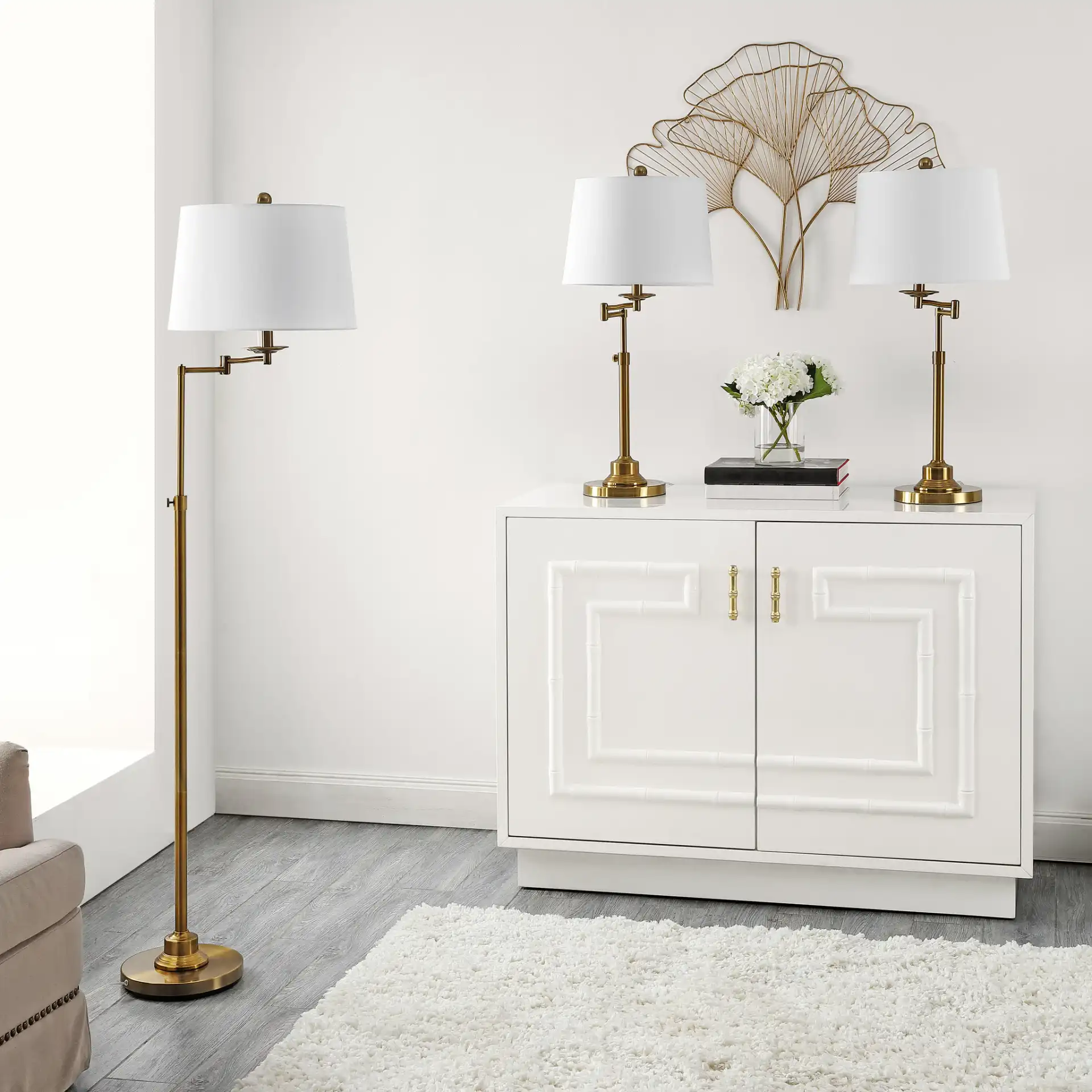 Nadia Floor And Table Lamp Set (Set of 3) in Brass Gold in a styled room