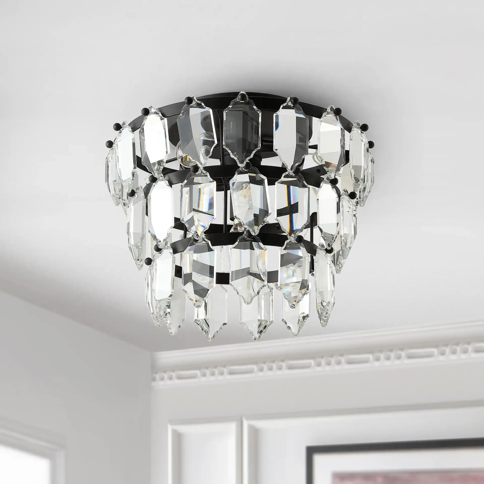 Gorson Three-Light Flush Mount in Black in a styled room