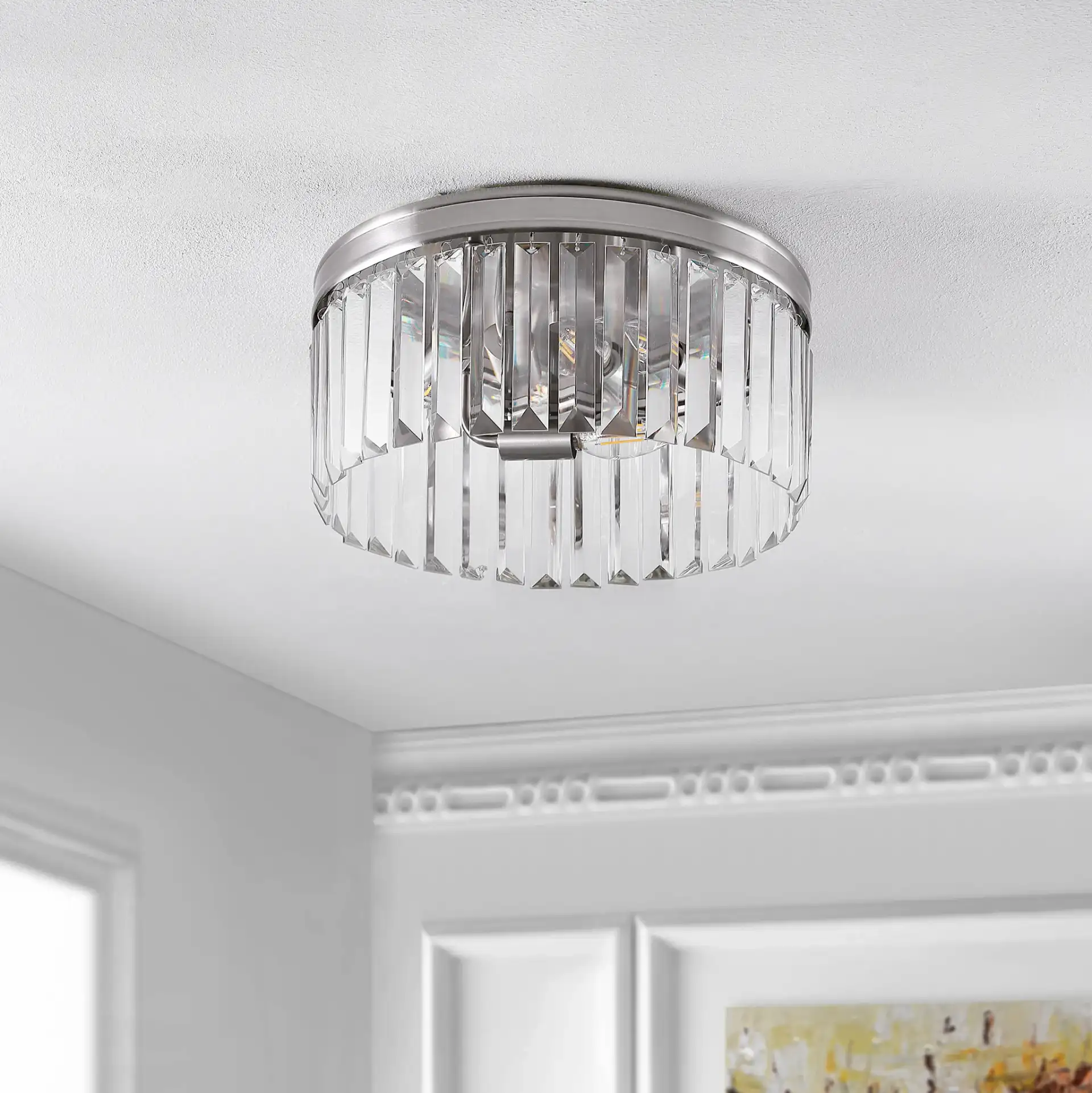 Ruslen Three-Light Flush Mount in Nickel in a styled room