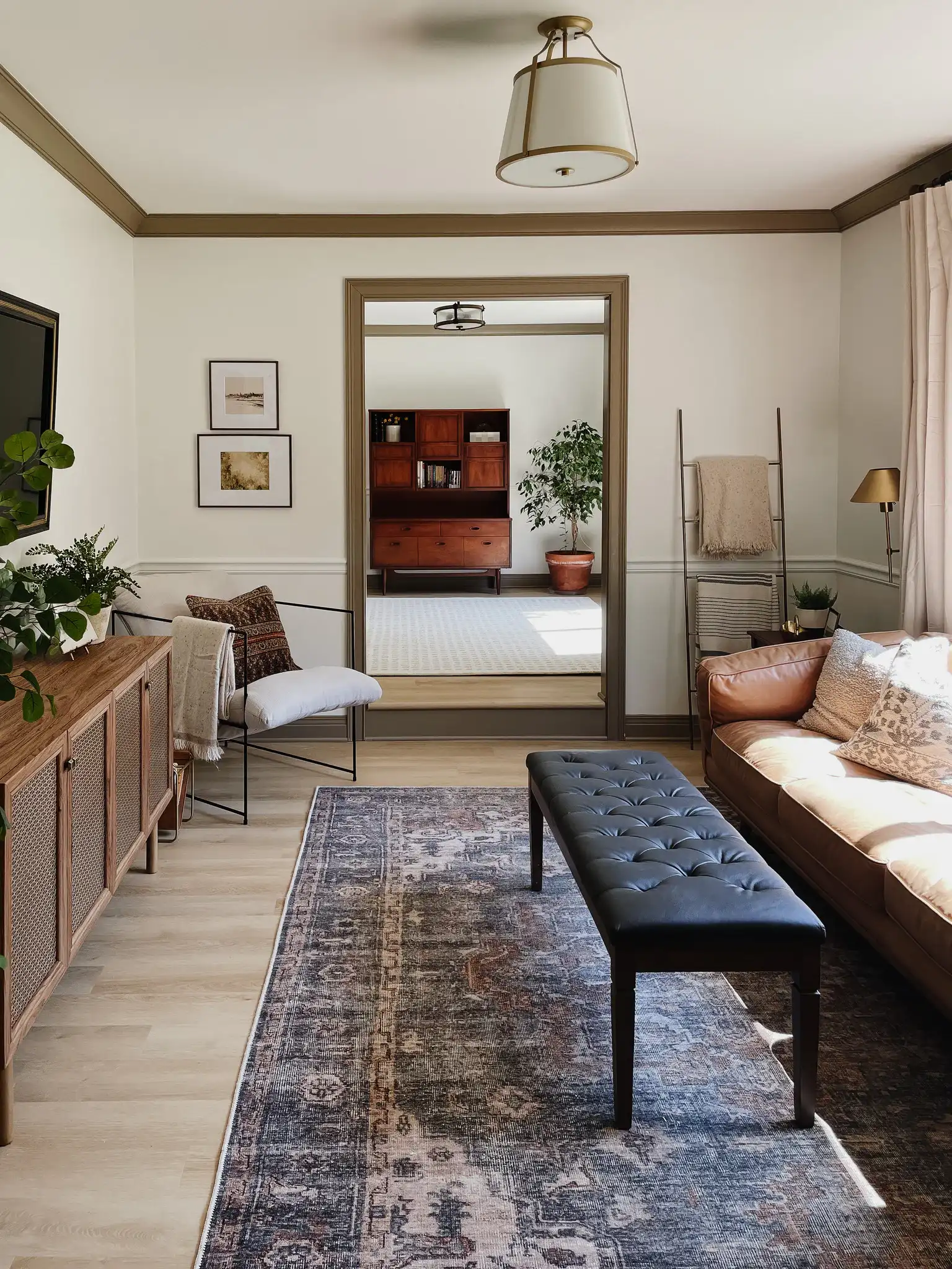 Lanis Three-Light Flush Mount in Gold in a styled room