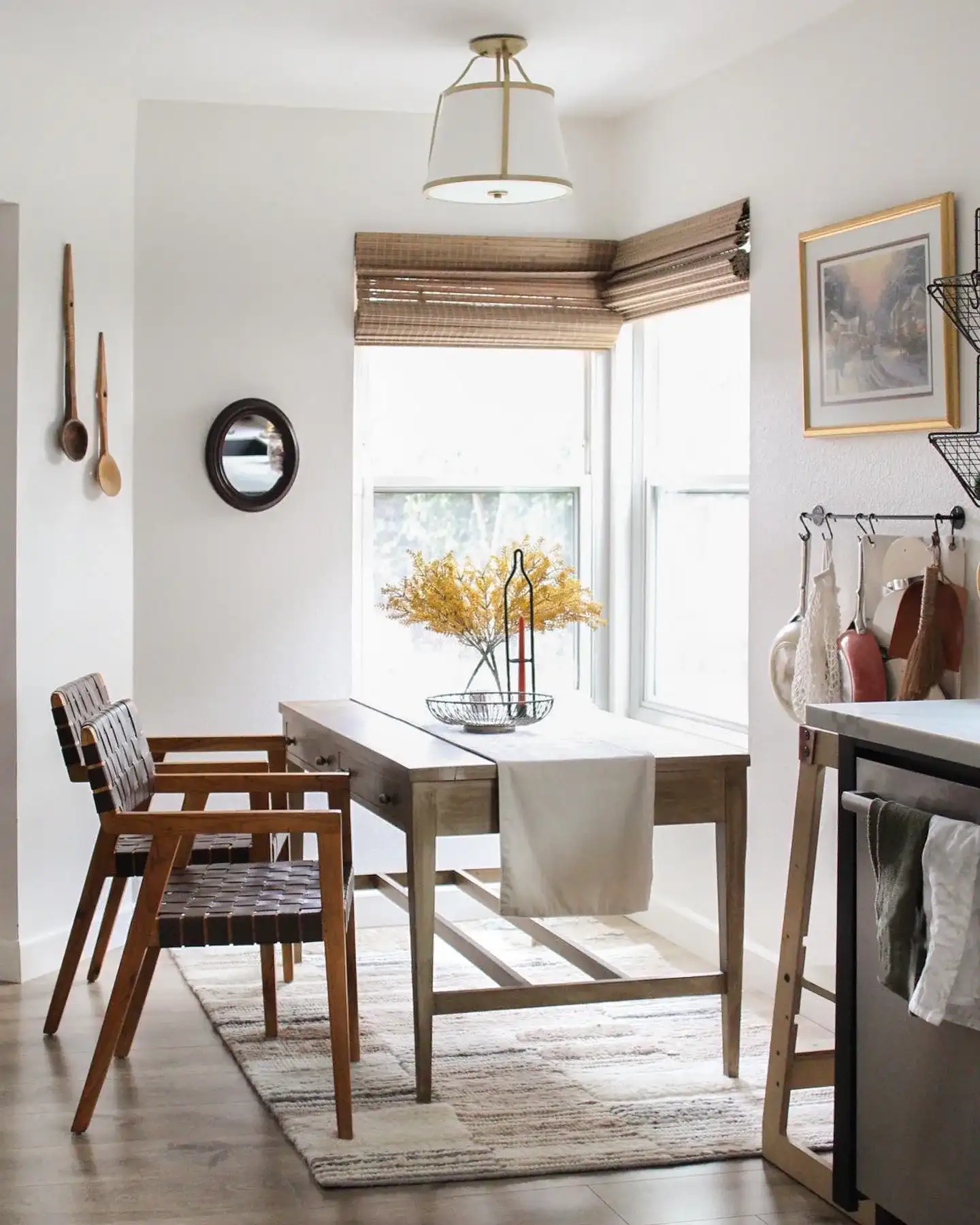 Lanis Three-Light Flush Mount in Gold in a styled room