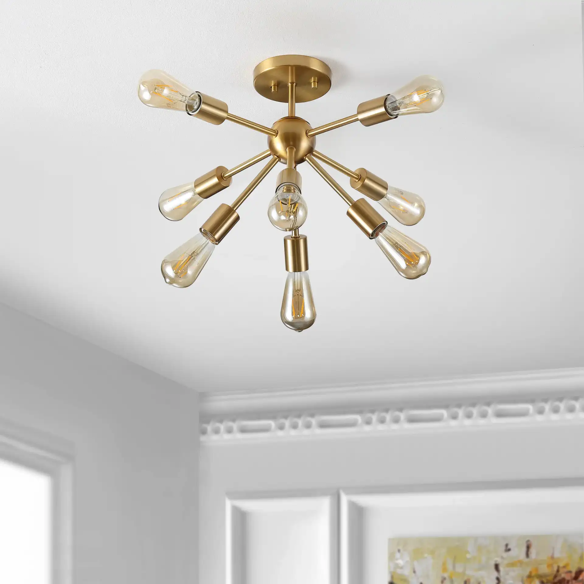 Gannet Eight-Light Flush Mount in Brass in a styled room