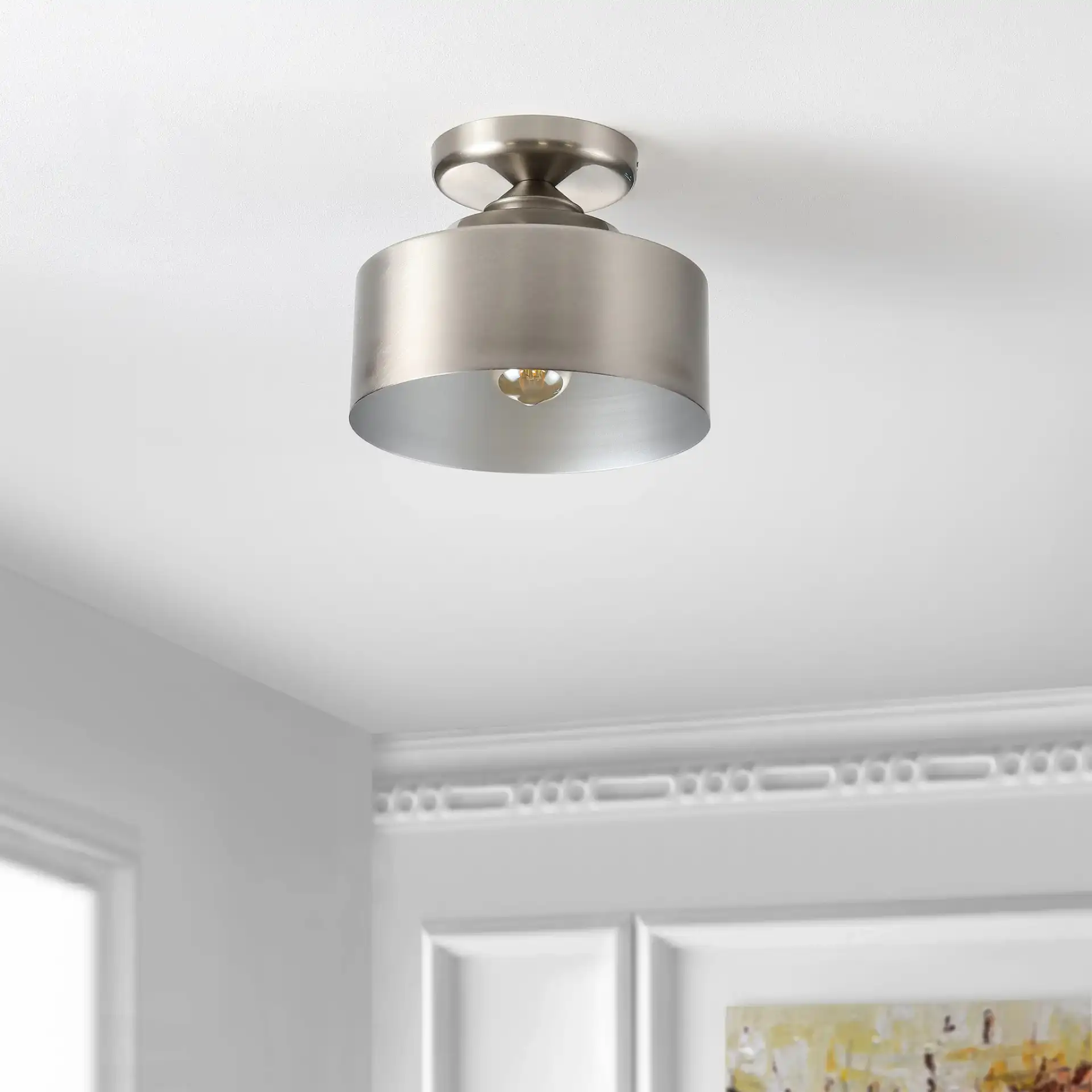 Fenton Flush Mount in Nickel in a styled room