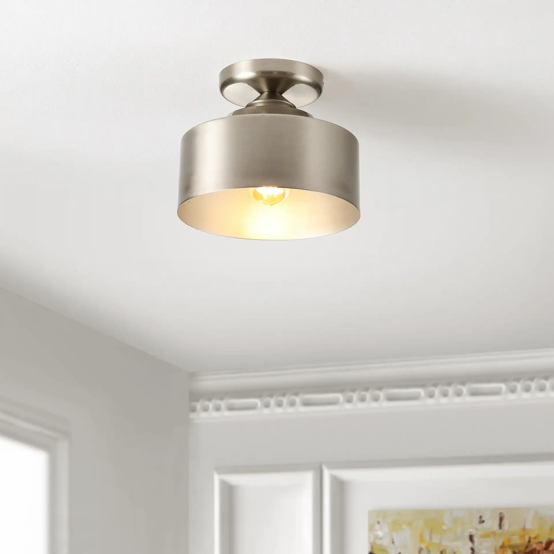 Fenton Flush Mount in Nickel in a styled room