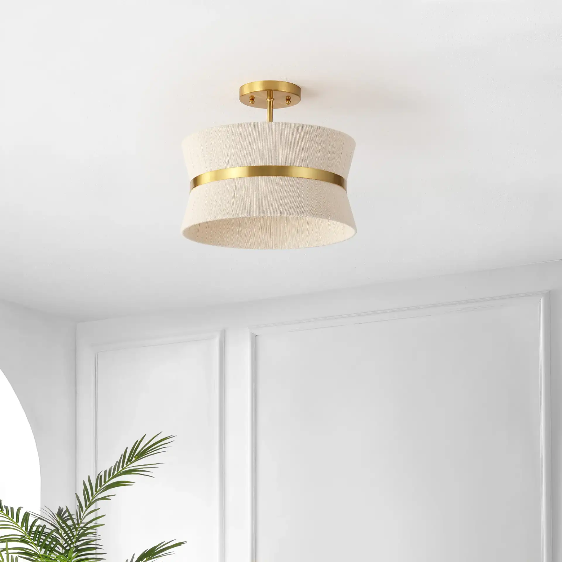 Desert Three-Light Semi-Flush Mount in Bleached Natural / Brass in a styled room