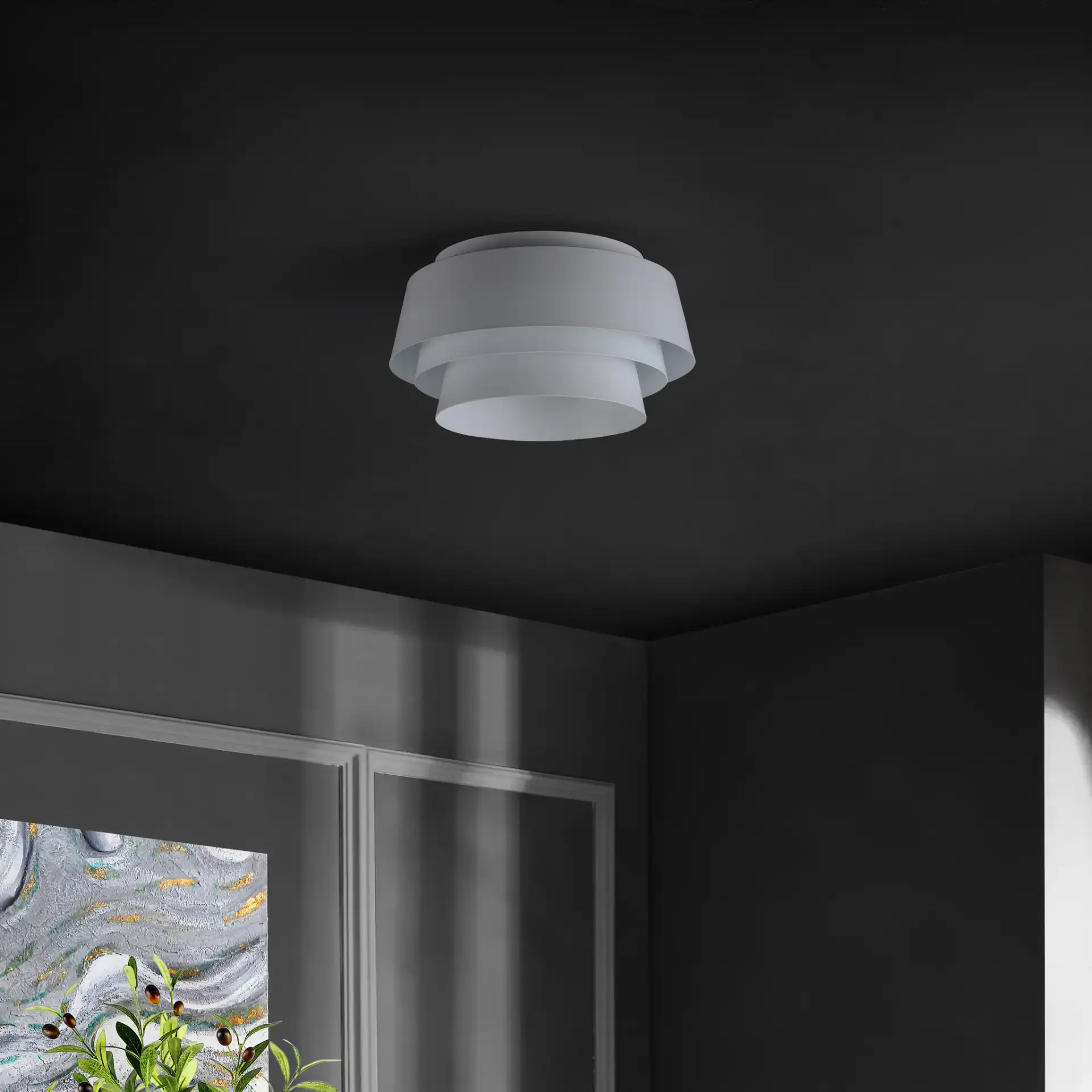 Soraya Three-Light Flush Mount in White in a styled room