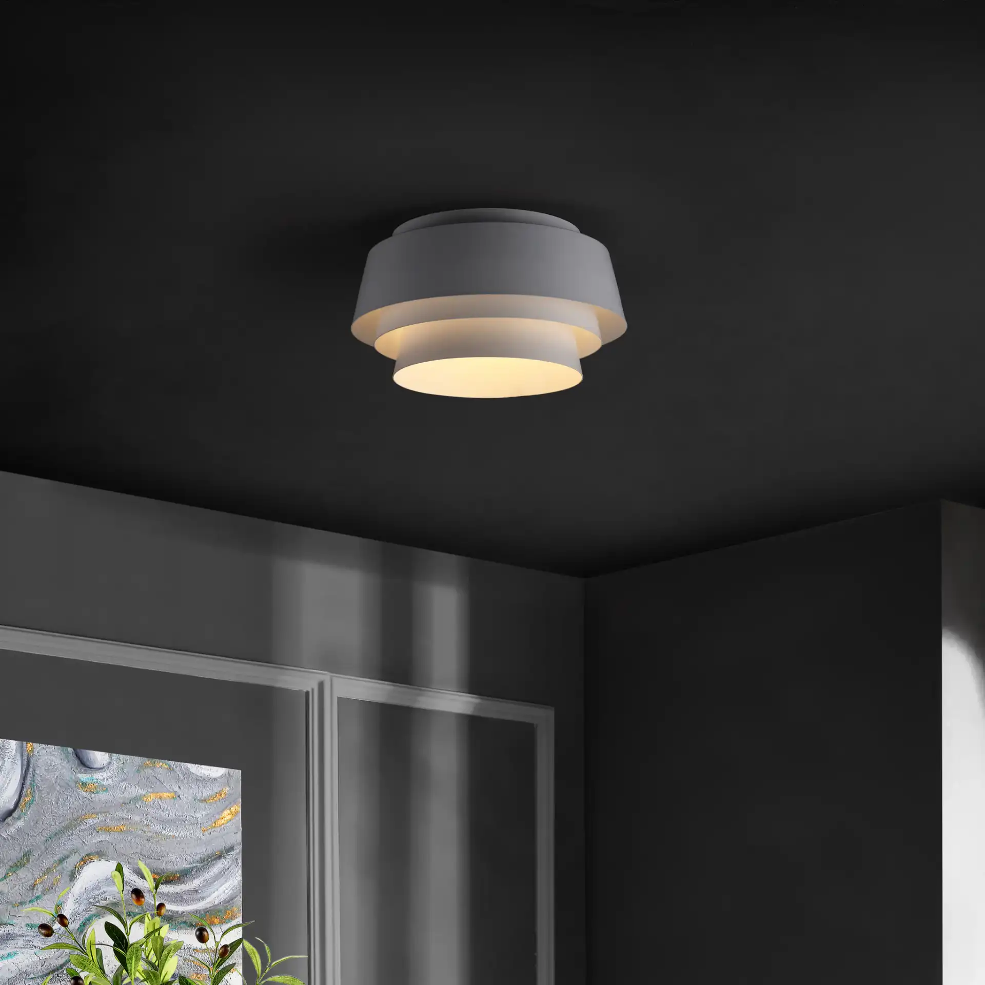 Soraya Three-Light Flush Mount in White in a styled room