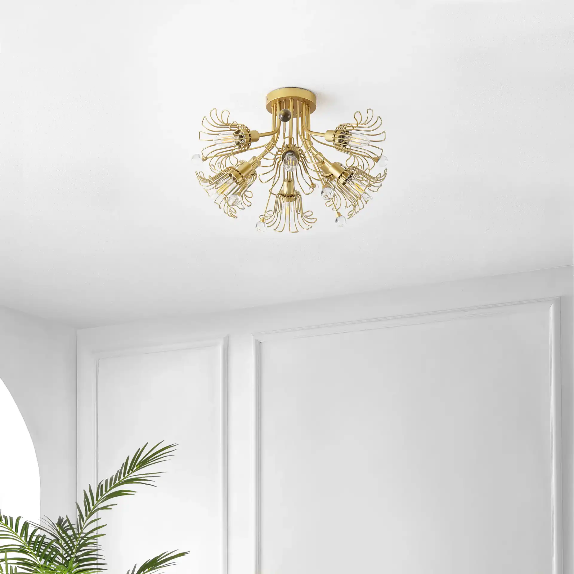 Leandra Eight-Light Flush Mount in Gold in a styled room