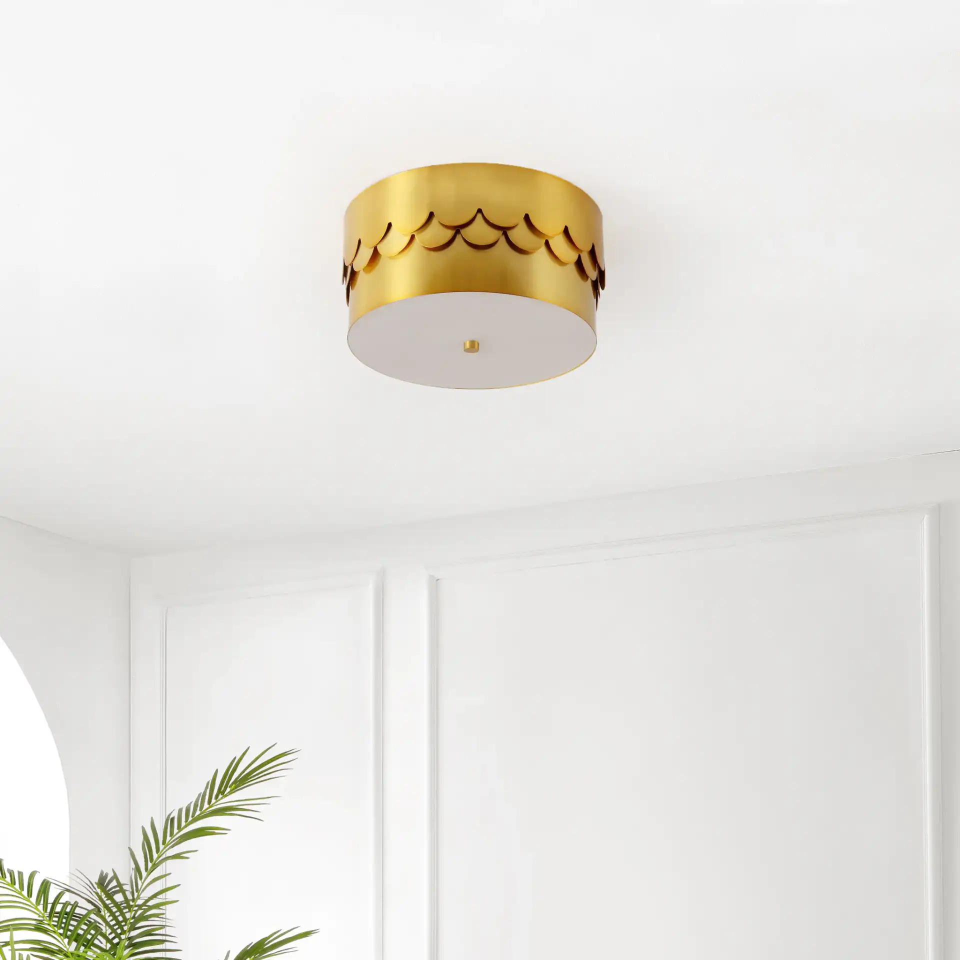 Jimena Three-Light Flush Mount in Brass in a styled room