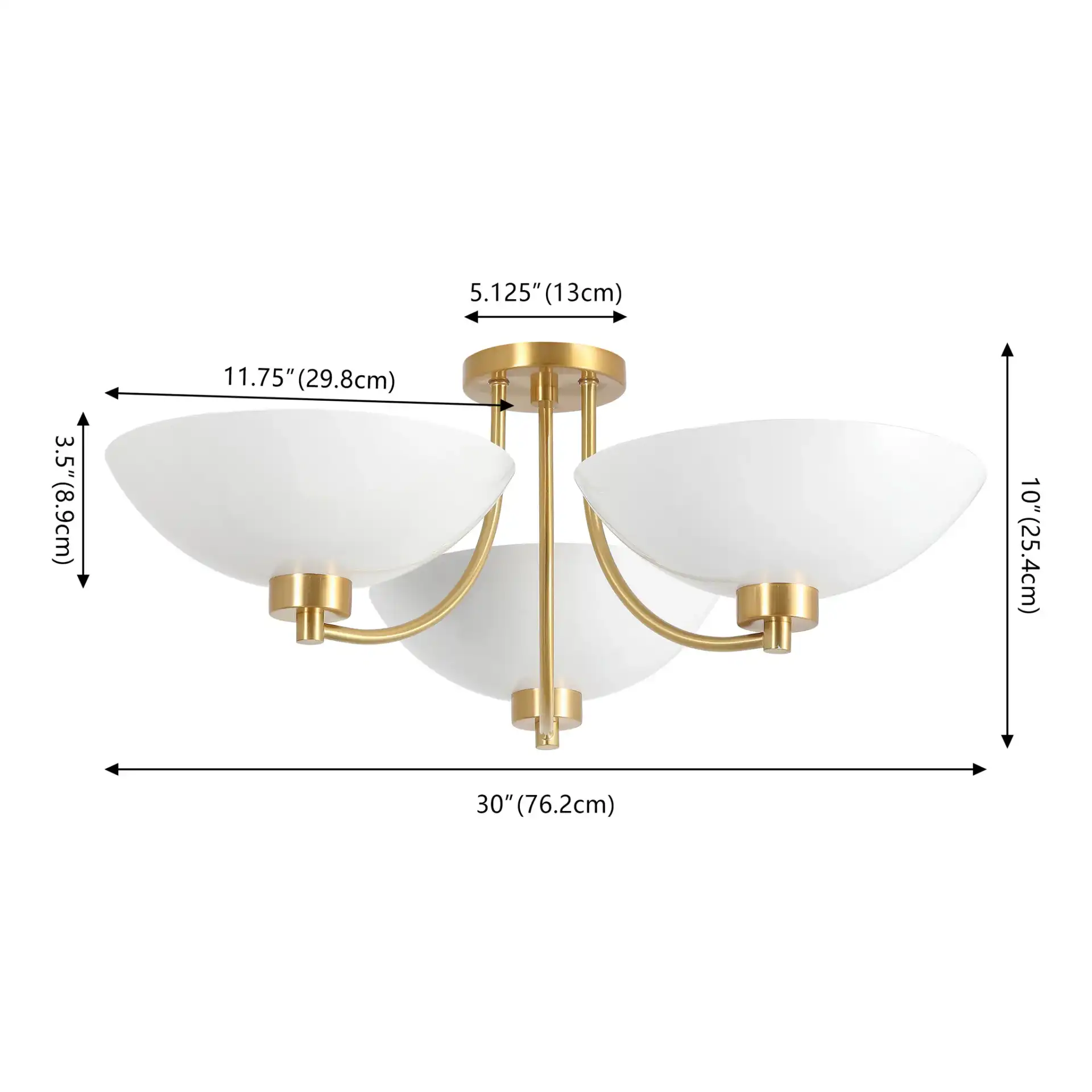 Haneefa 3 Light Metal Semi Flush Light in Brass Gold / White, detail view
