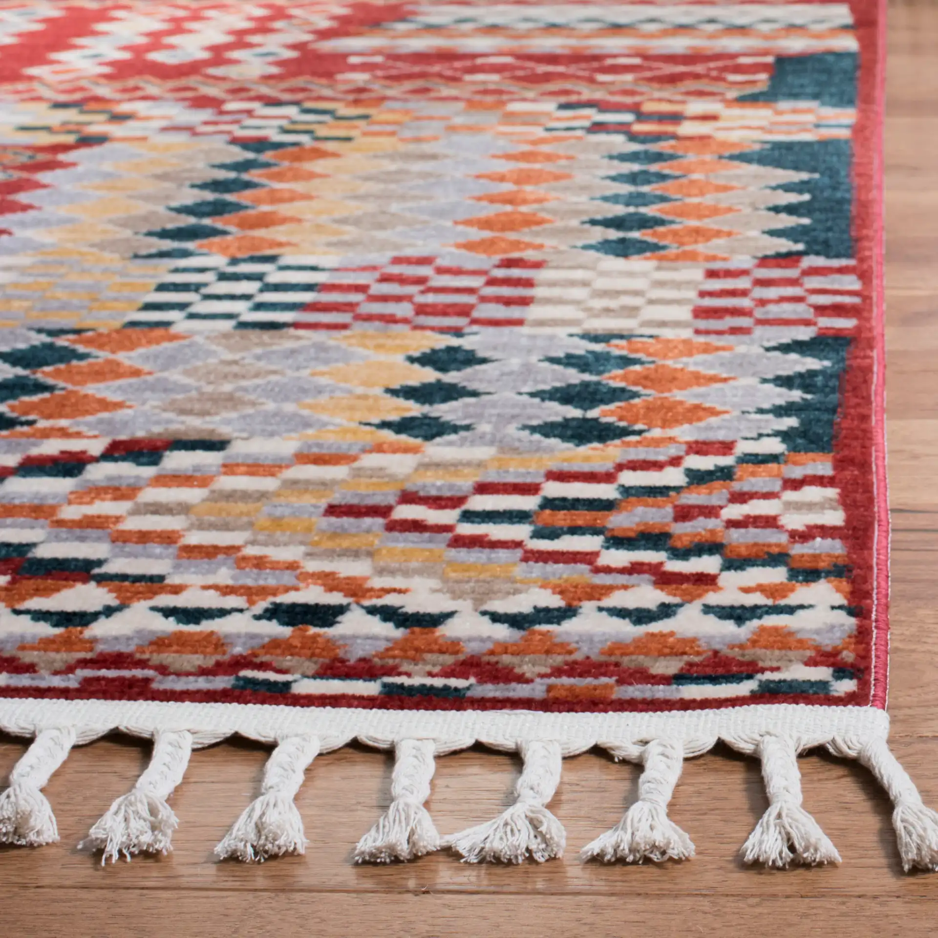 Farmhouse Patchwork Rug in Navy / Red in a styled room