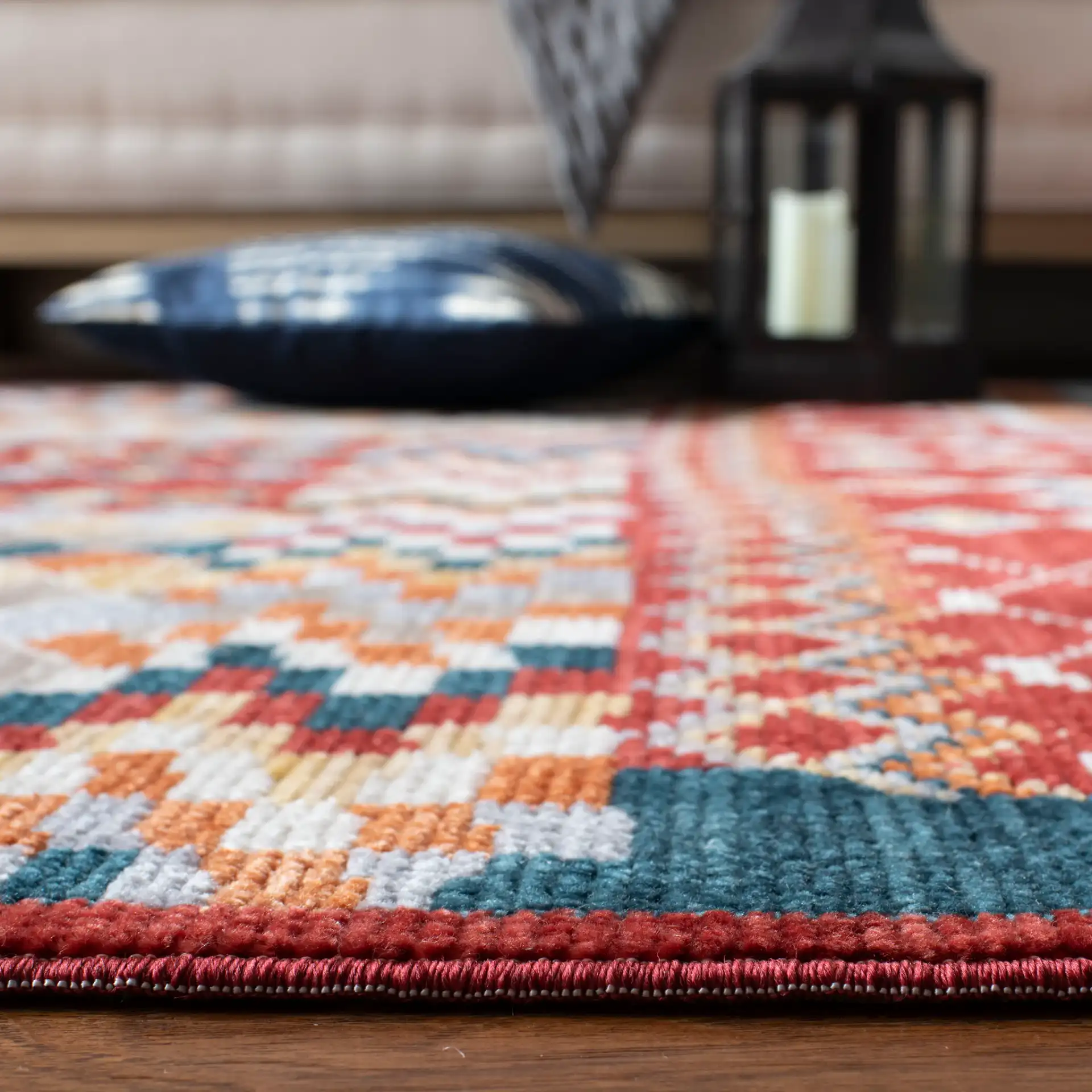 Farmhouse Patchwork Rug in Navy / Red in a styled room