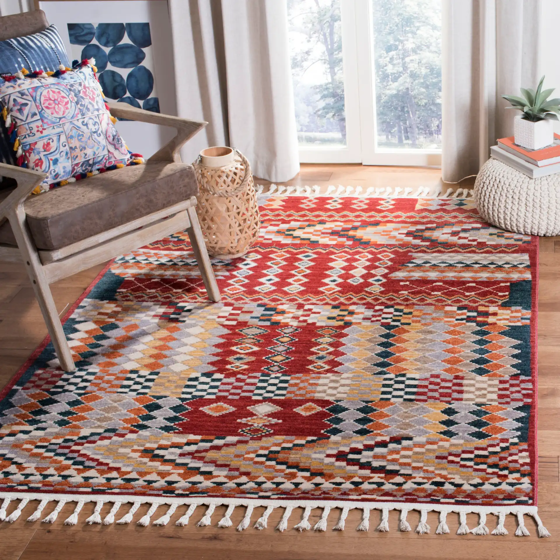 Farmhouse Patchwork Rug in Navy / Red in a styled room