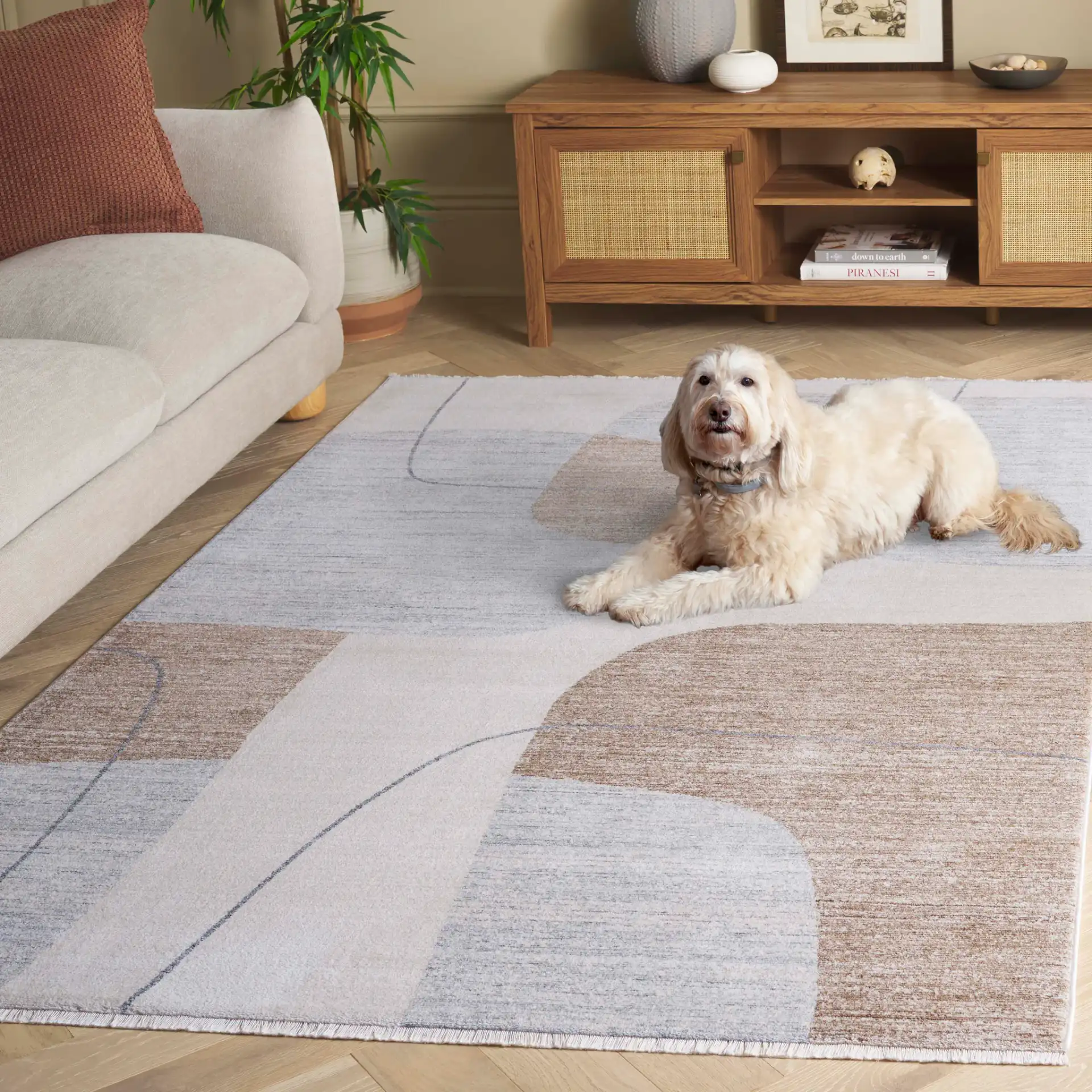 Forum Modern Abstract Rug in Ivory / Gray Brown in a styled room