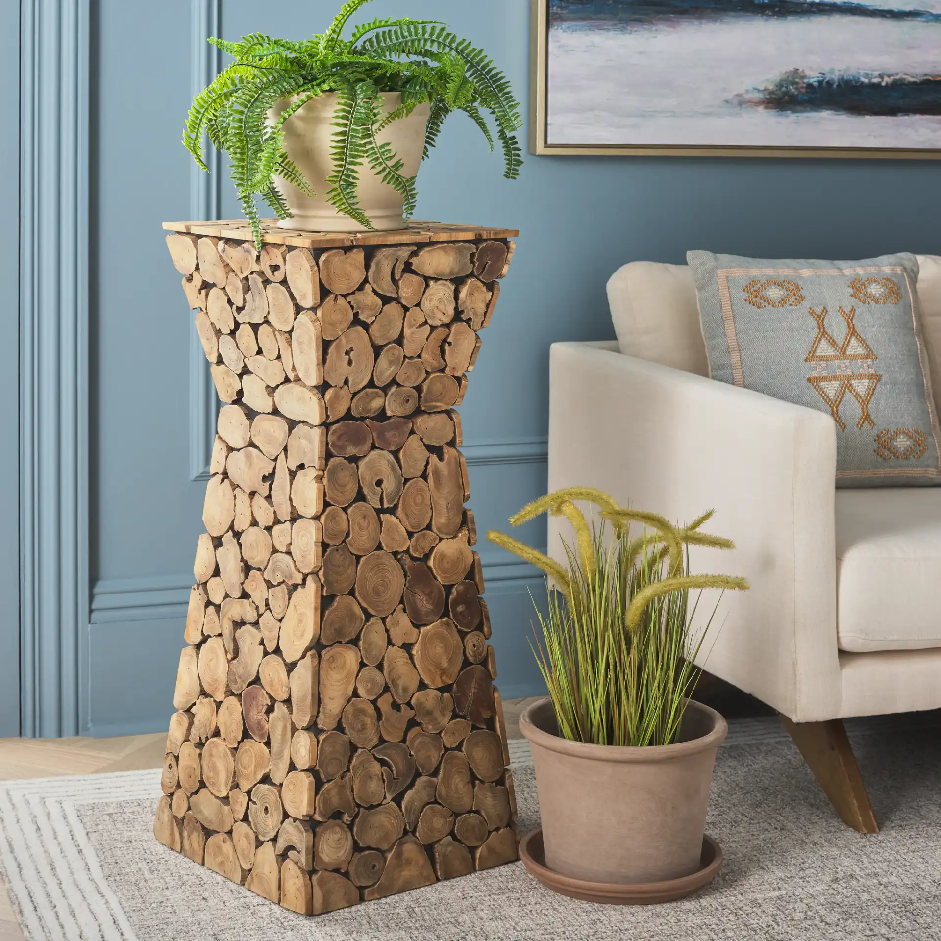 Jefferson Stand in Medium Oak / Black in a styled room