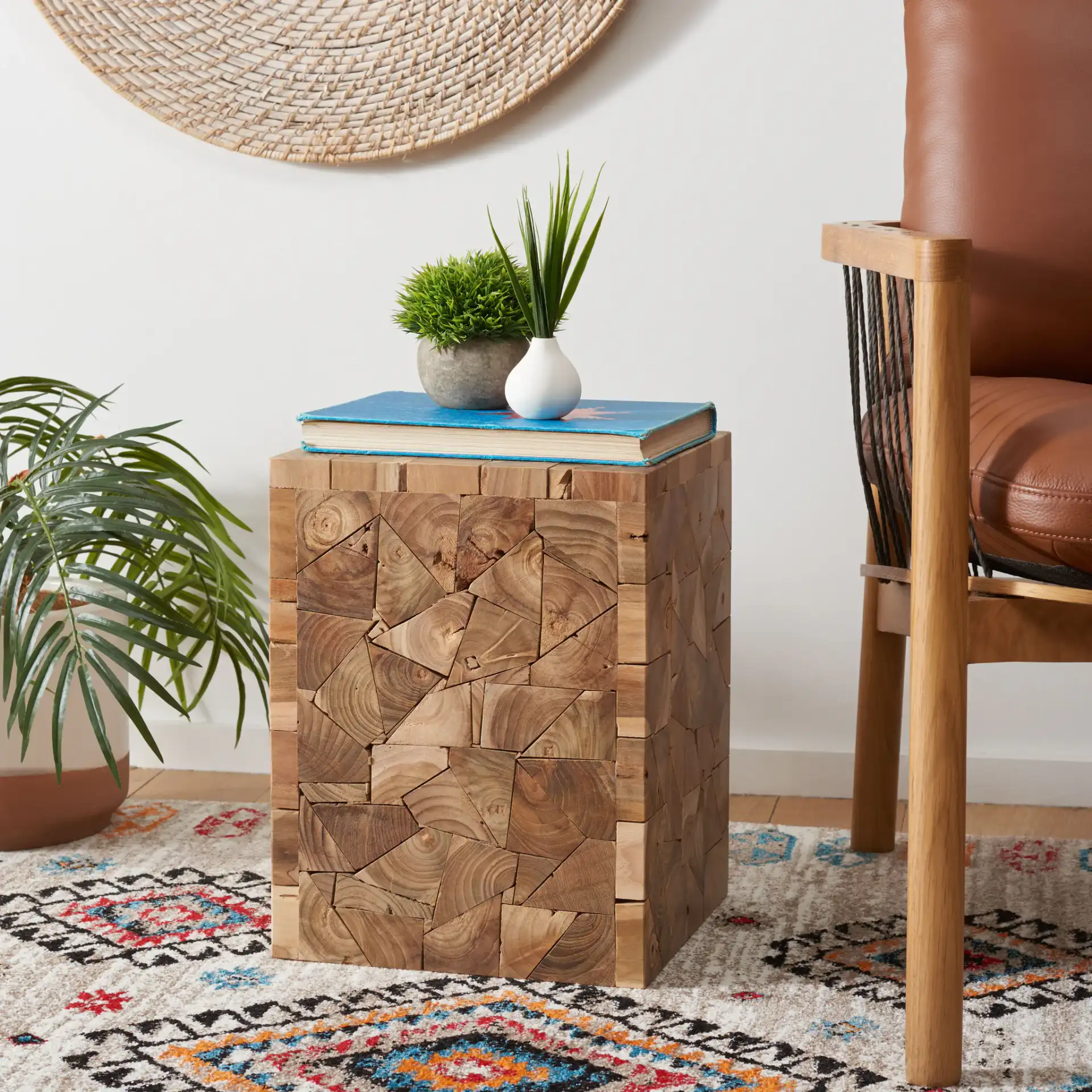 Forbes Square Stool in Medium Oak in a styled room