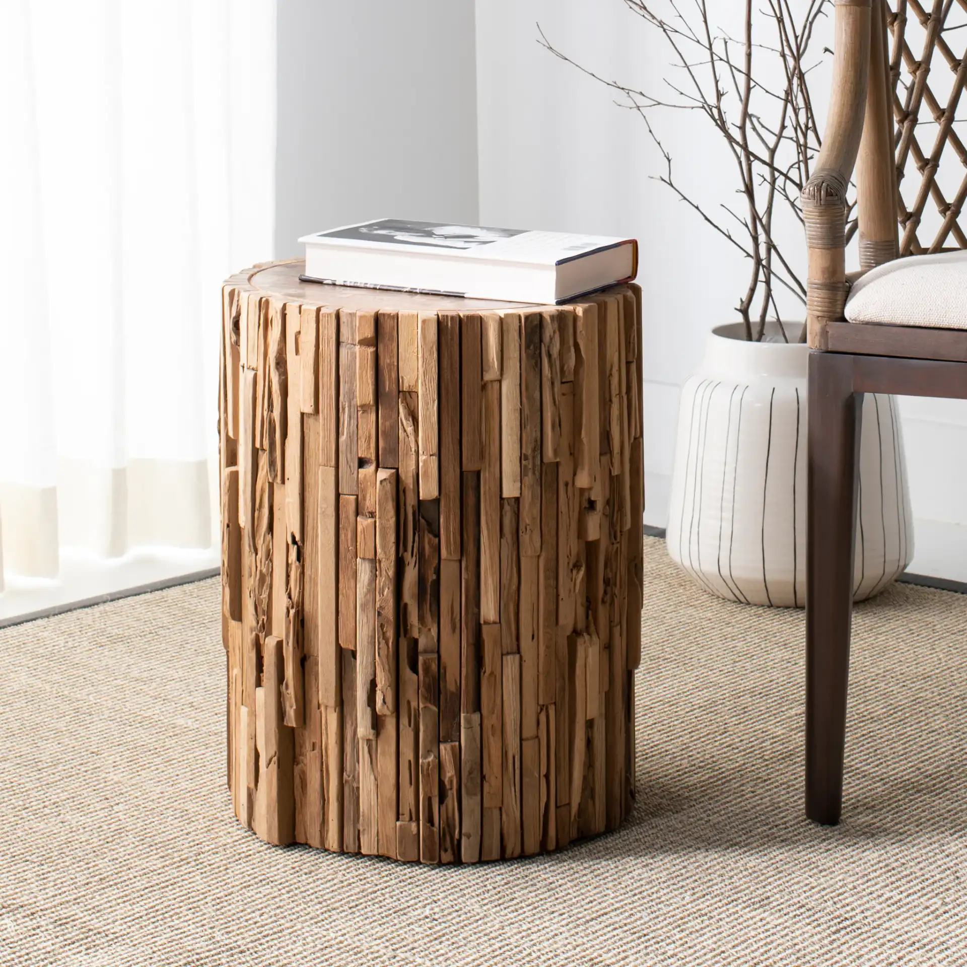Minadoka Round Stool in Medium Oak in a styled room