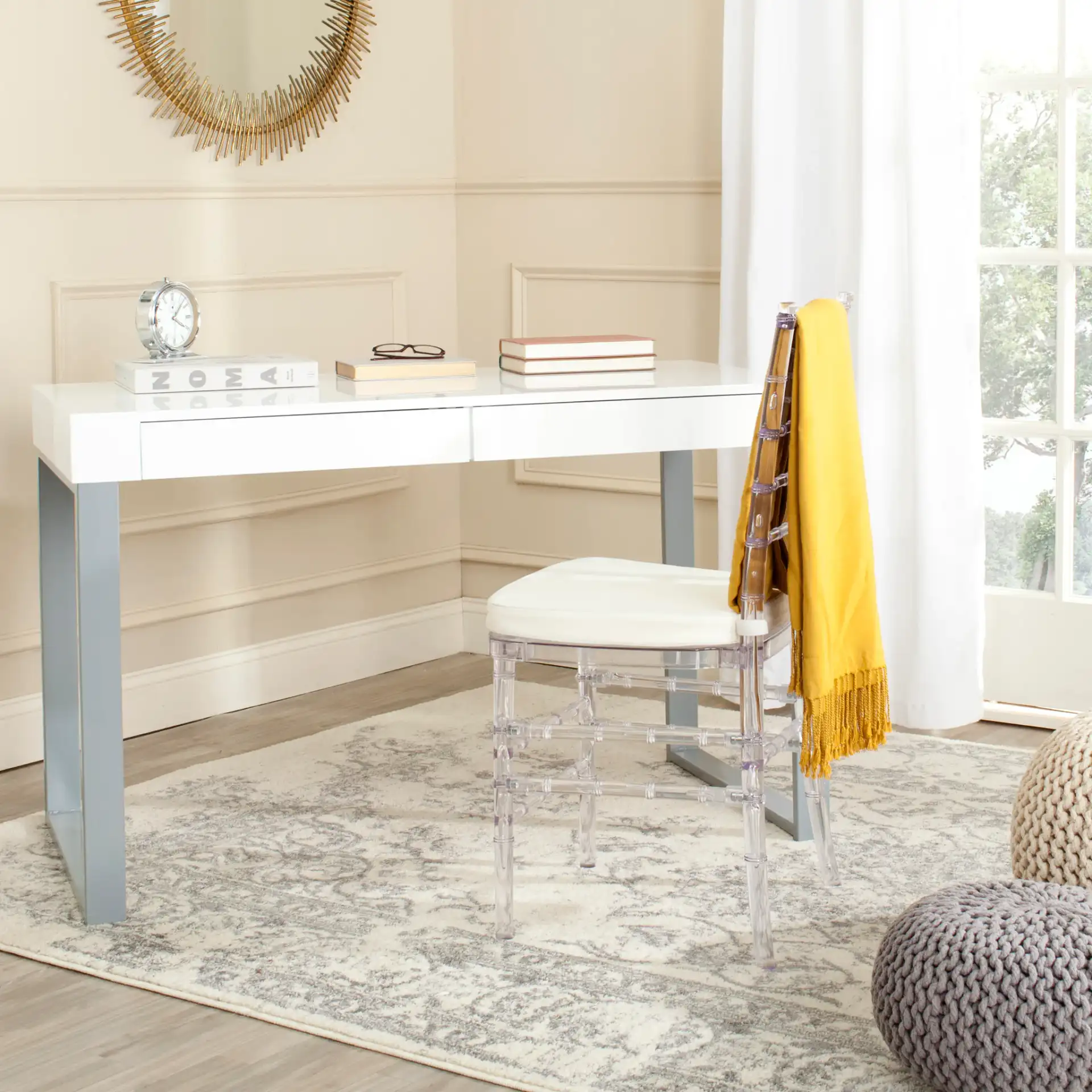 Barton Desk in White / Gray in a styled room