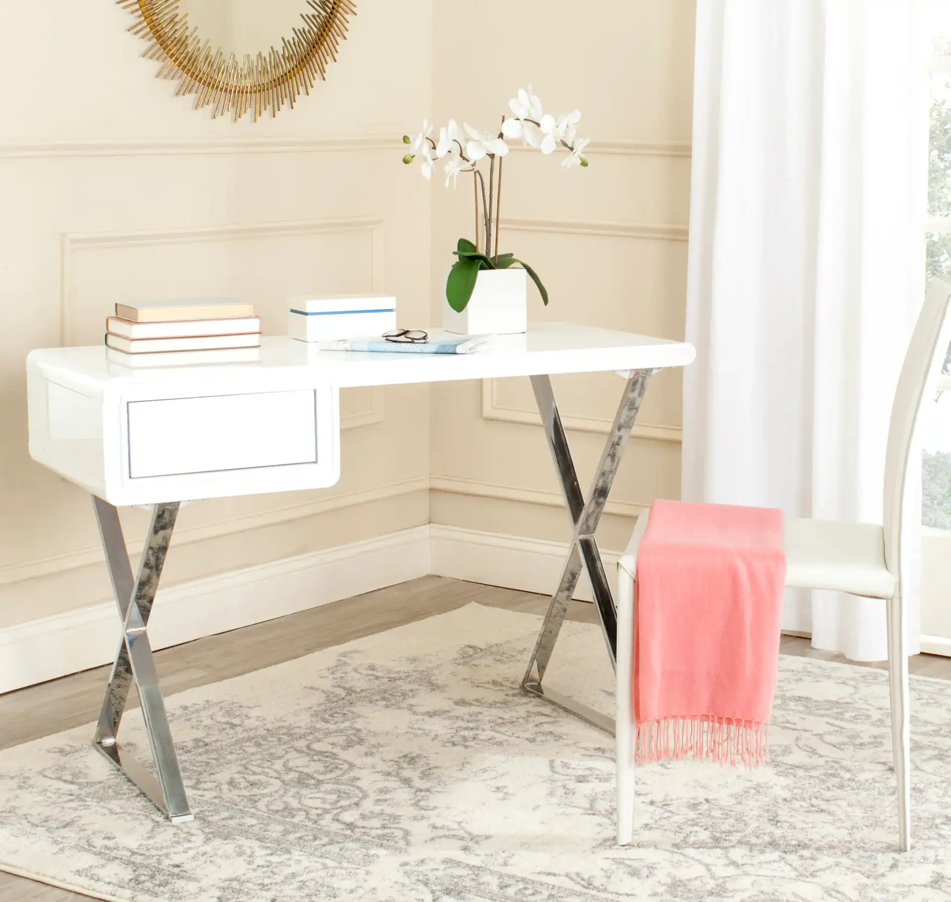 Hanover Desk in White / Chrome in a styled room