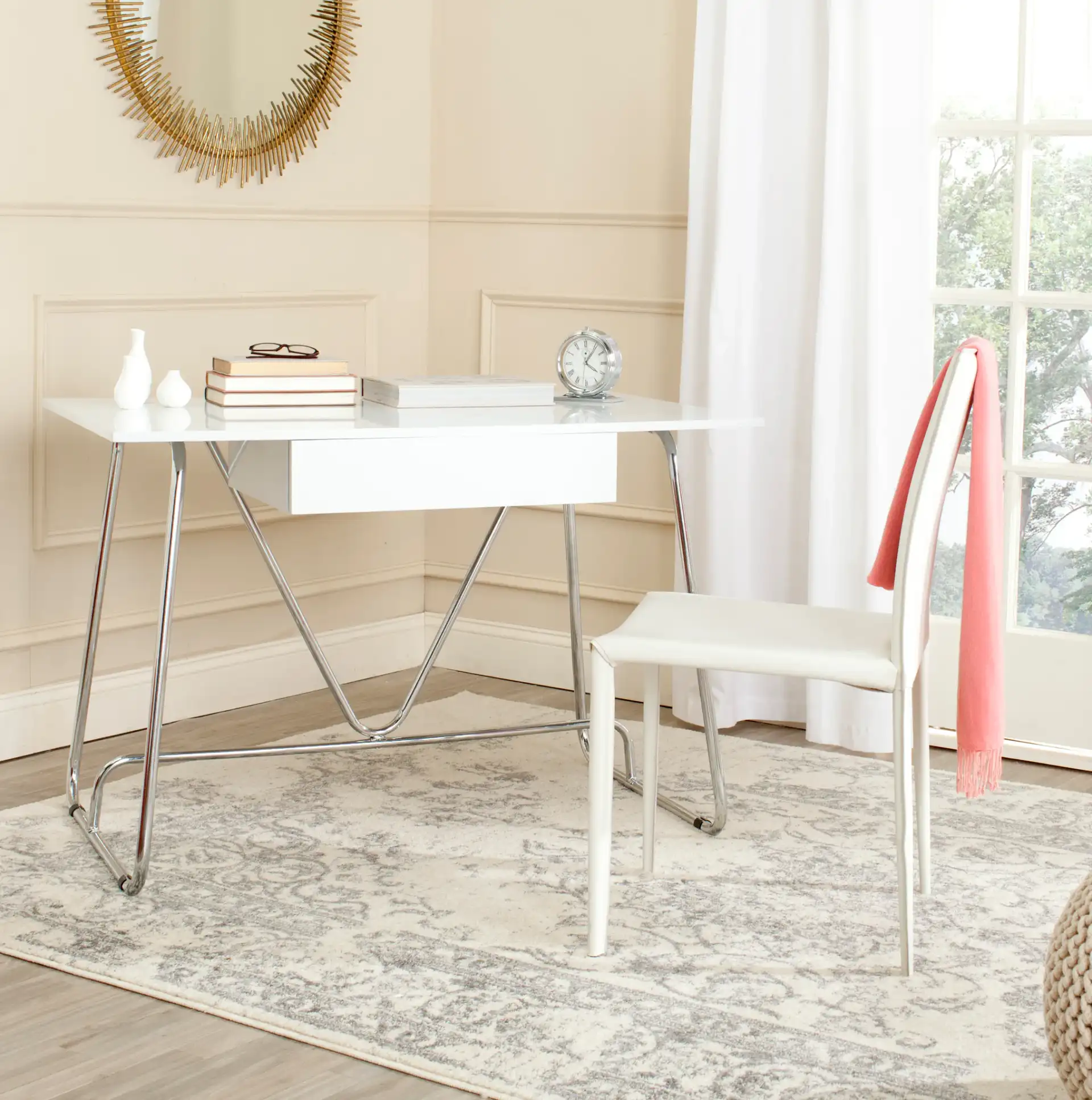 Molloy Desk in White / Chrome in a styled room