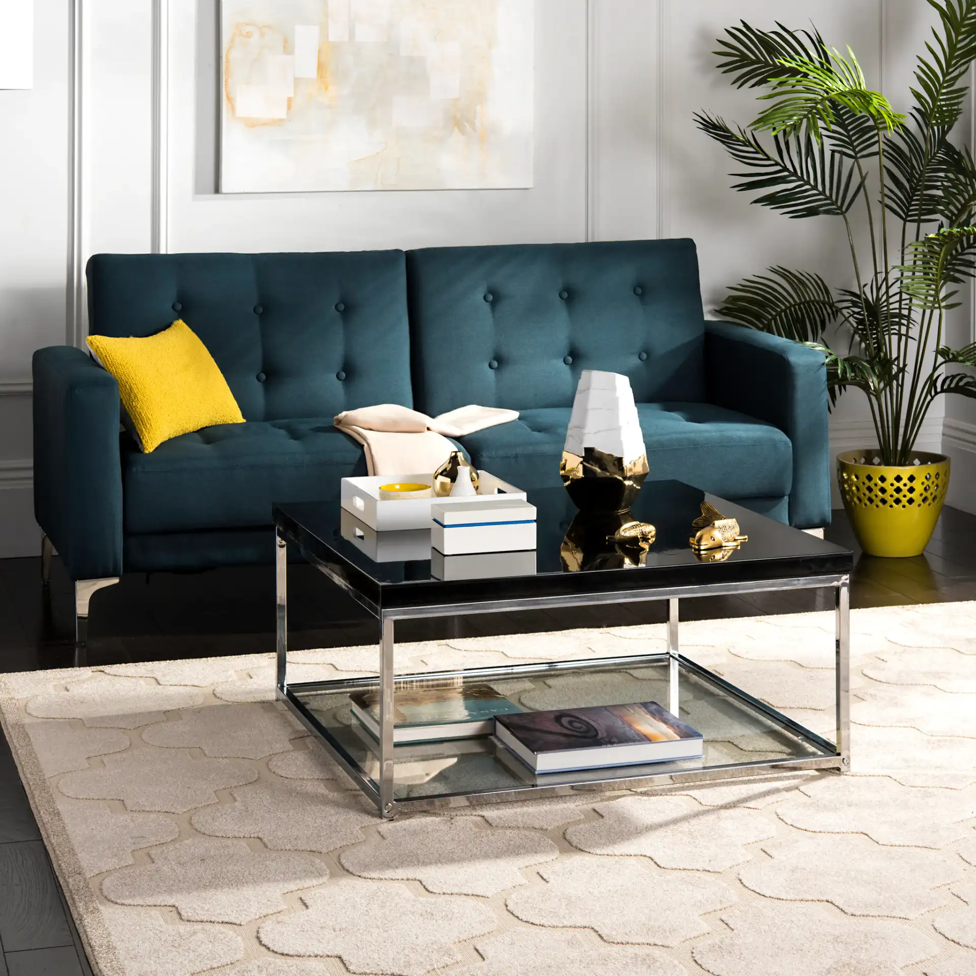 Malone Coffee Table in White / Chrome in a styled room