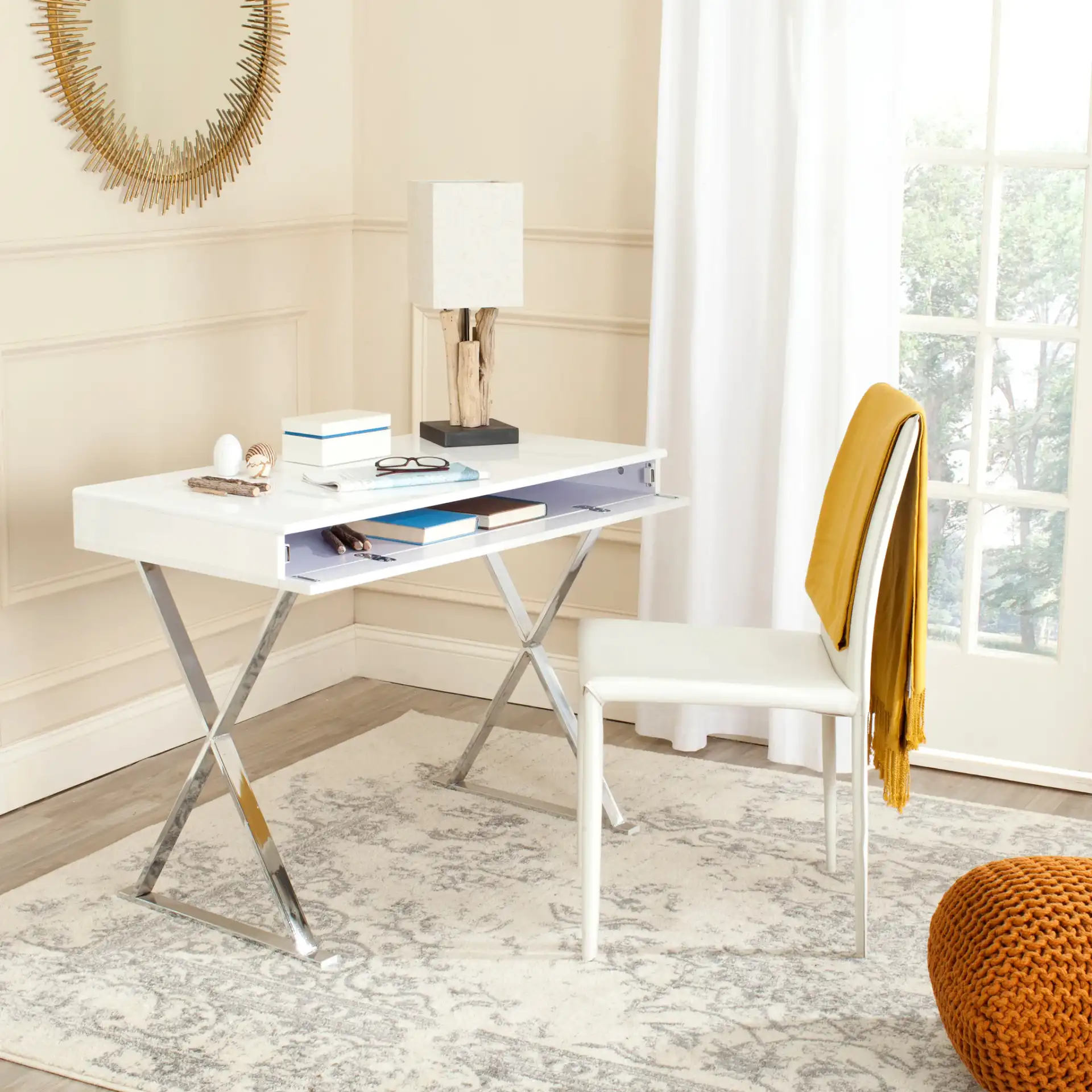 Gordon Desk in White / Chrome in a styled room