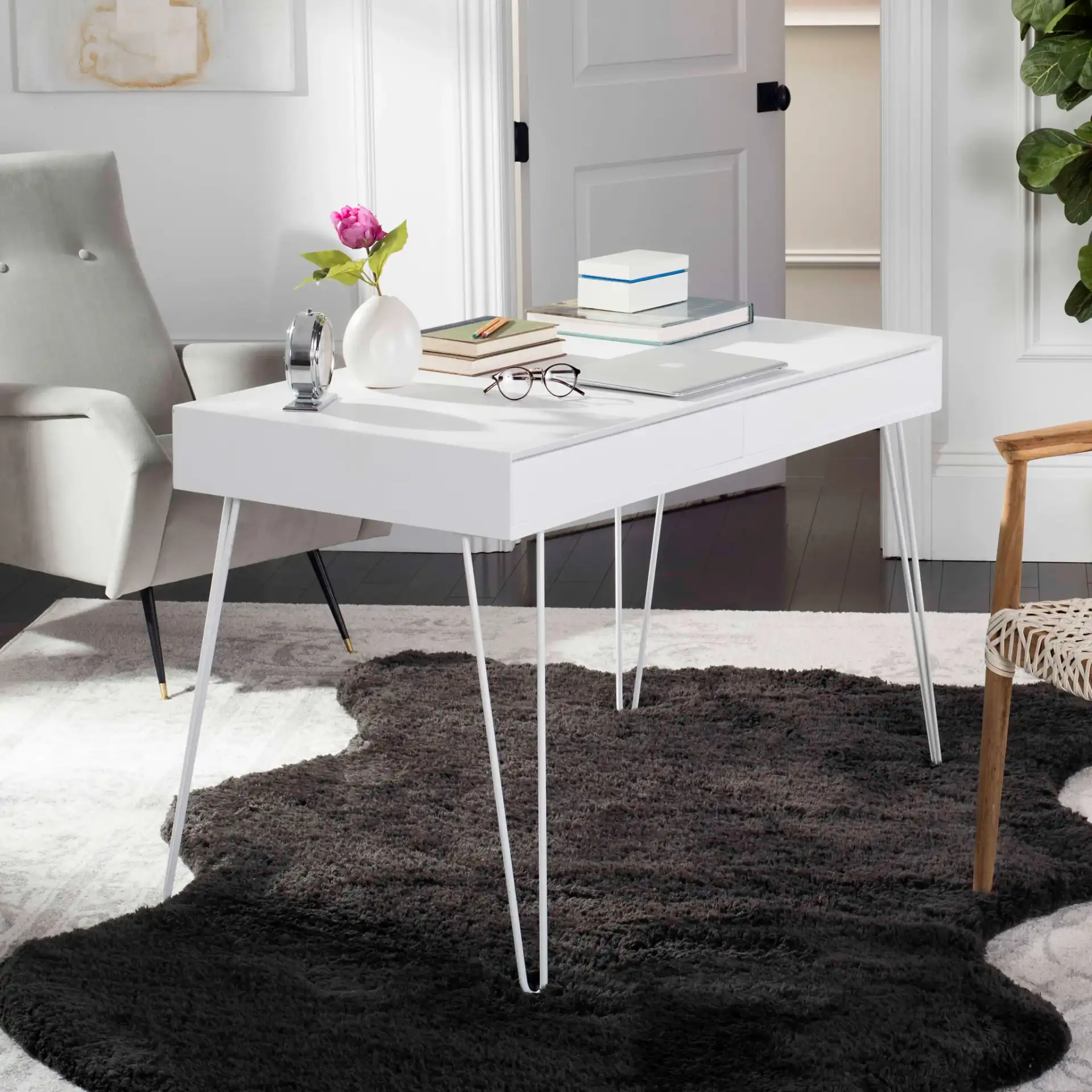 Cade Desk in White in a styled room