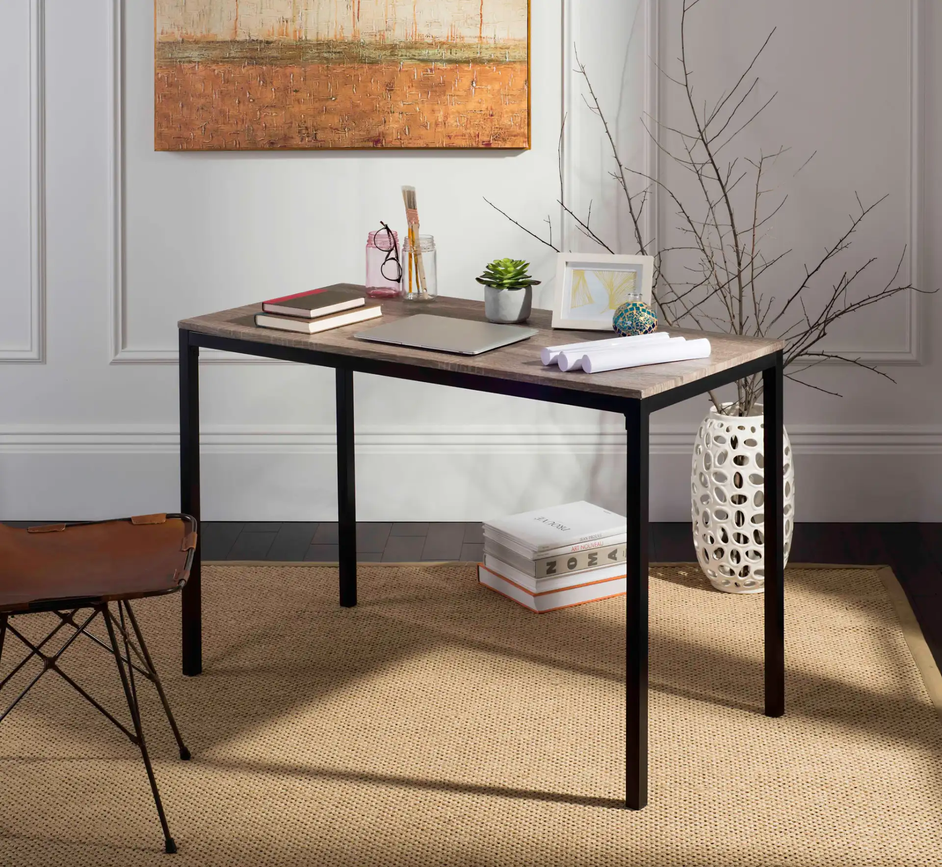 Janison Desk in Brown in a styled room