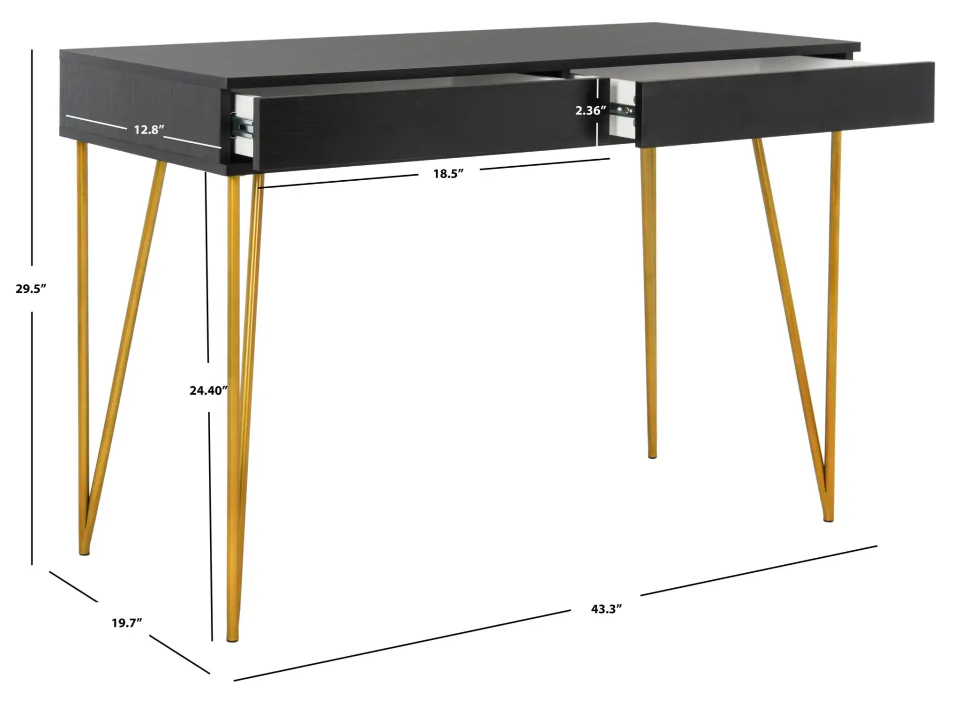 Pine Two-Drawer Desk in Black / Gold, detail view