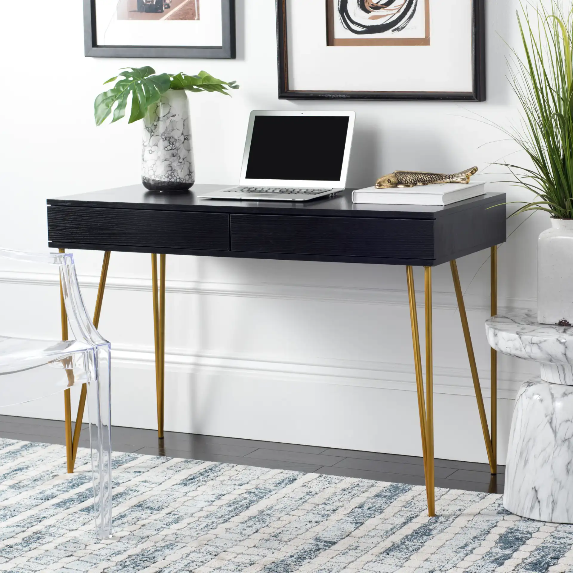 Pine Two-Drawer Desk in Black / Gold in a styled room