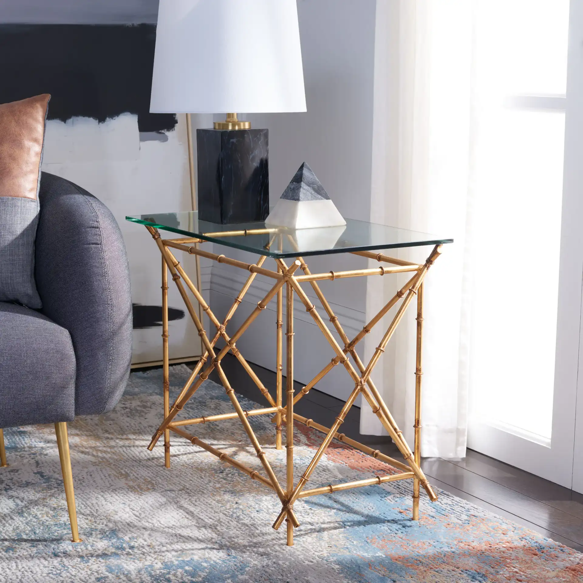 Mark Accent Table in Gold / Clear in a styled room