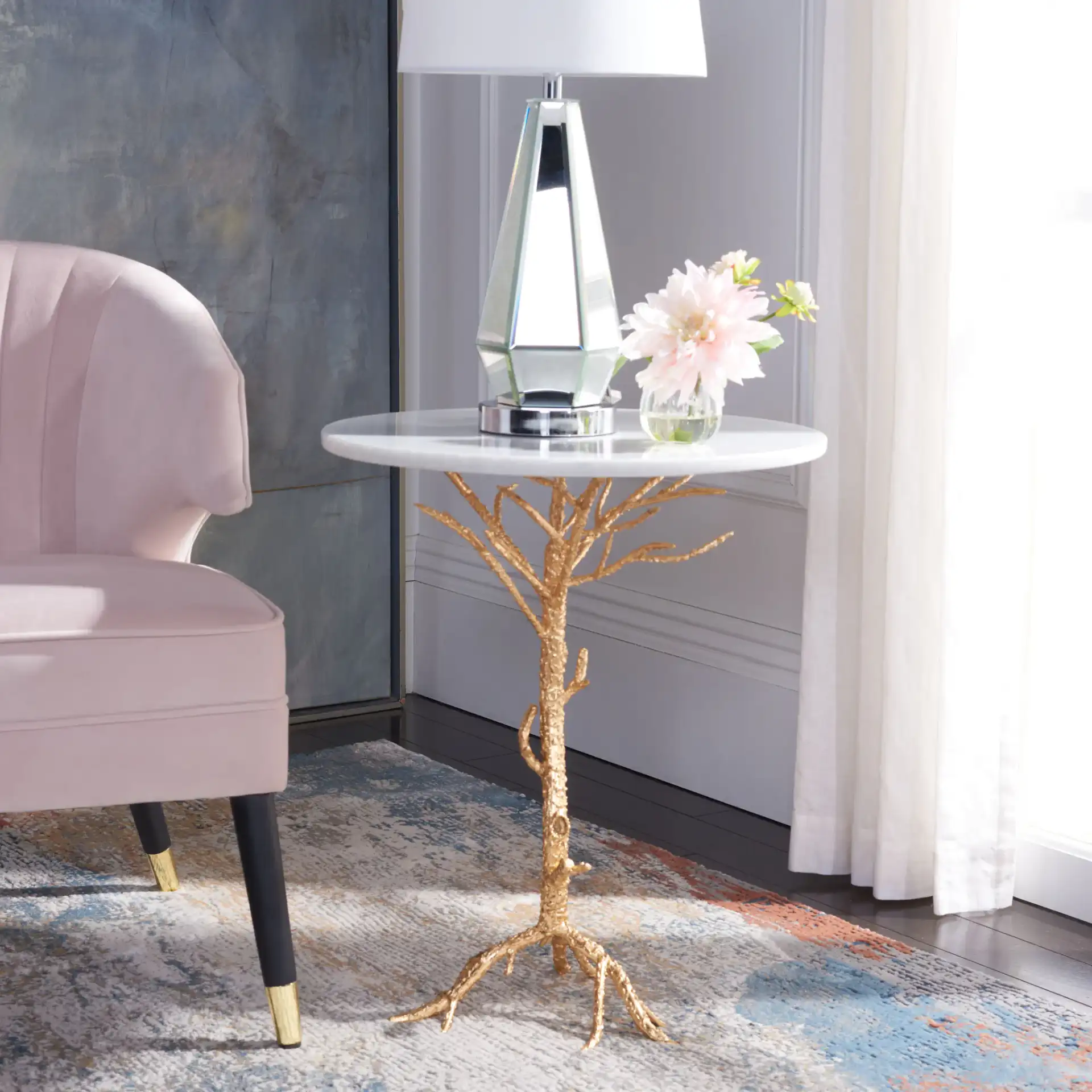Carolyn Accent Table in Gold / White Granite in a styled room