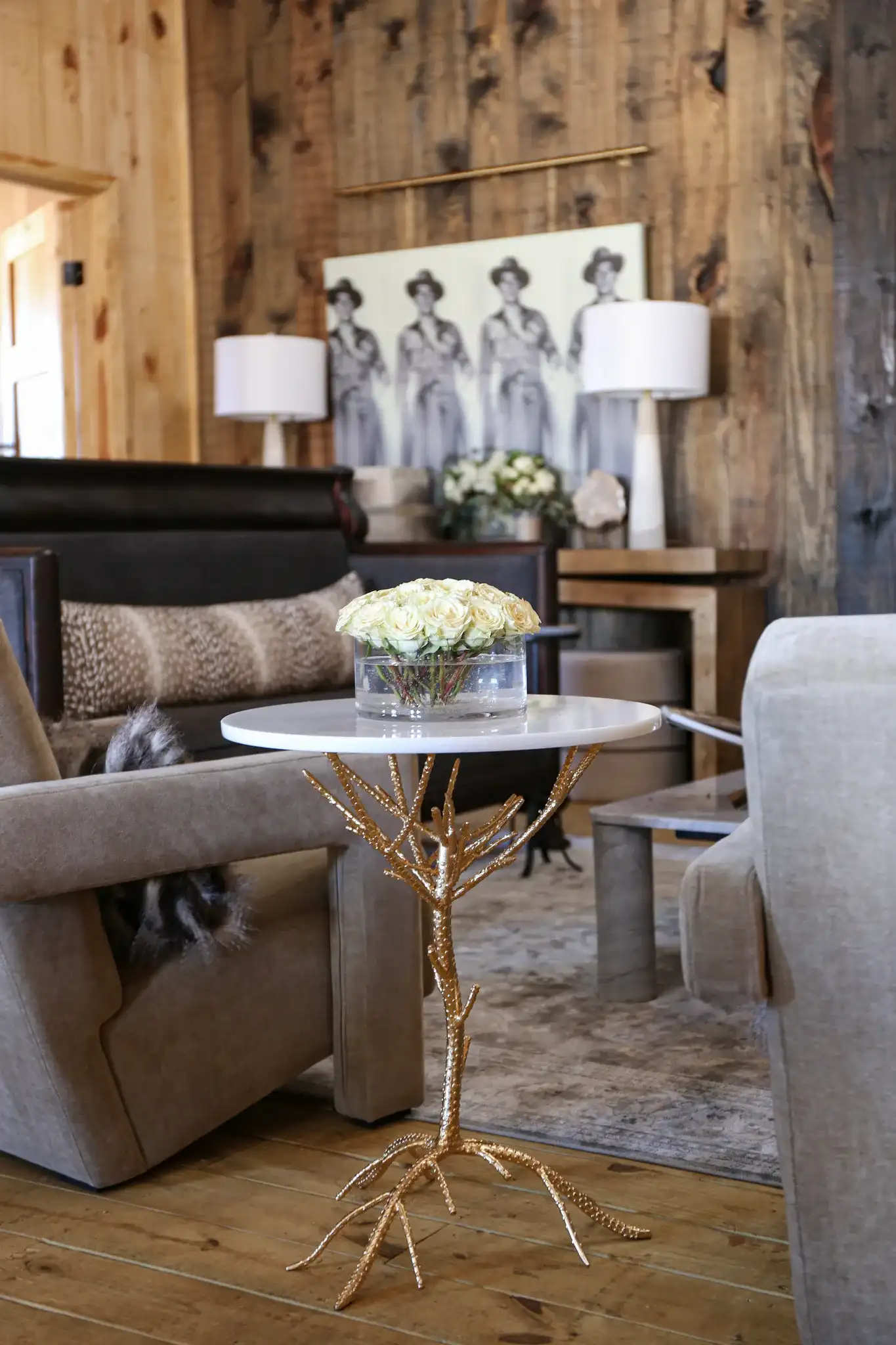 Carolyn Accent Table in Gold / White Granite in a styled room