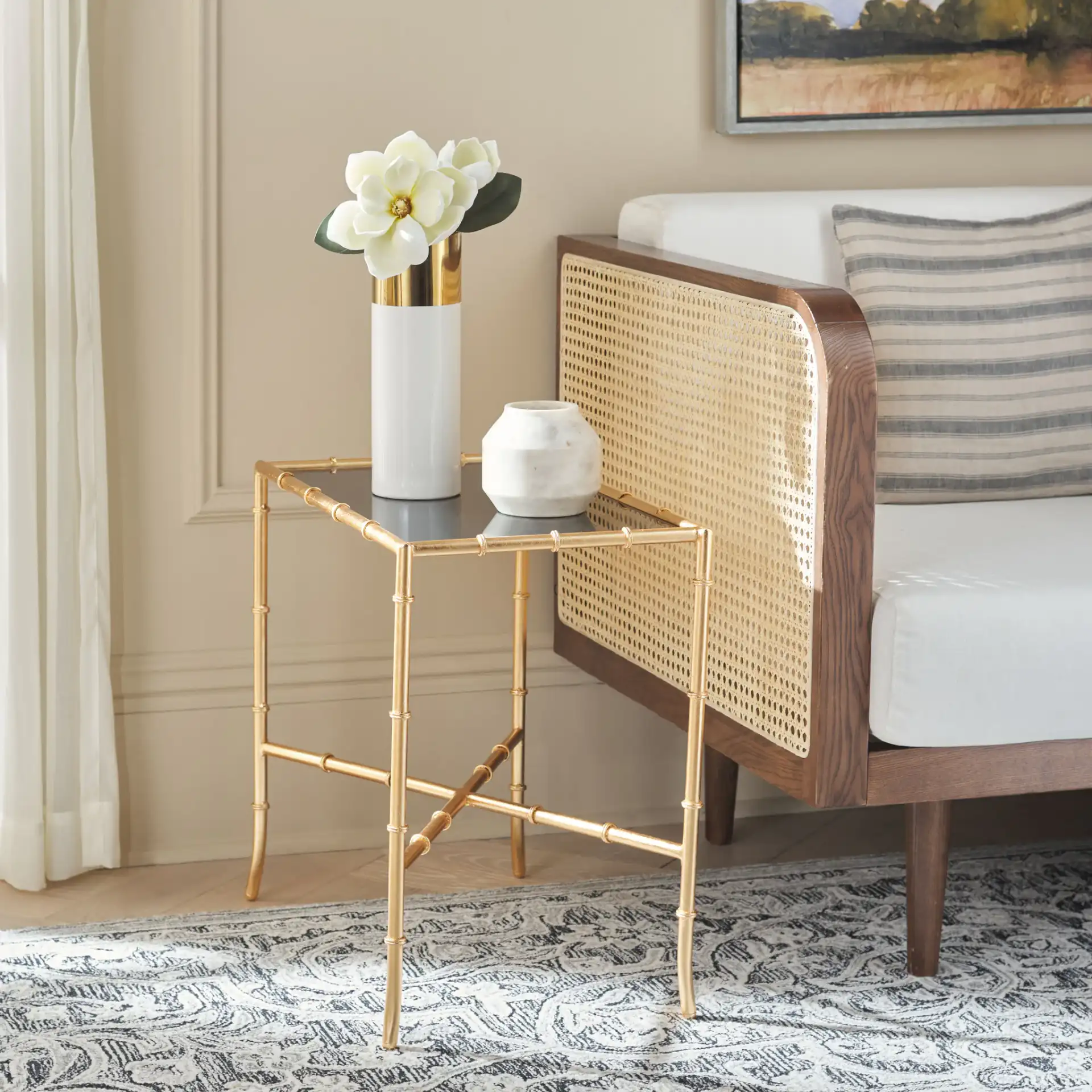 Chandler Accent Table in Gold / Black Clear in a styled room