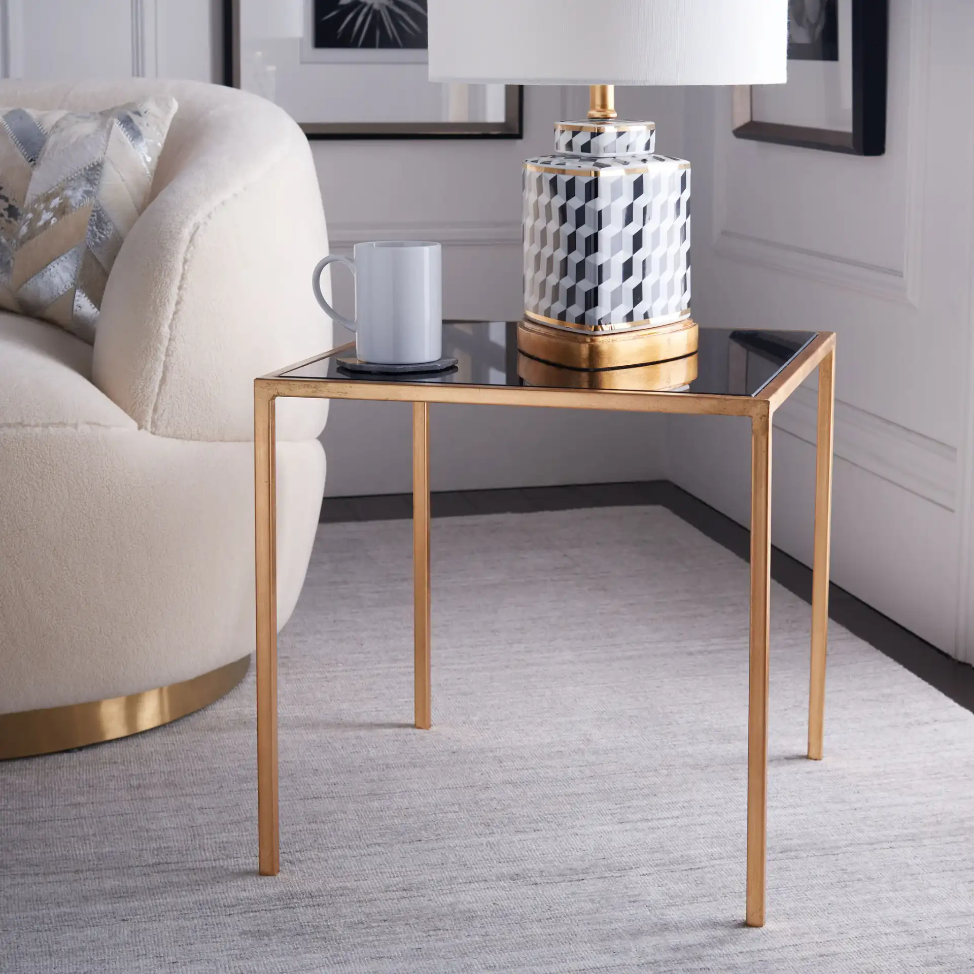 Kiley Accent Table in Gold / Black in a styled room