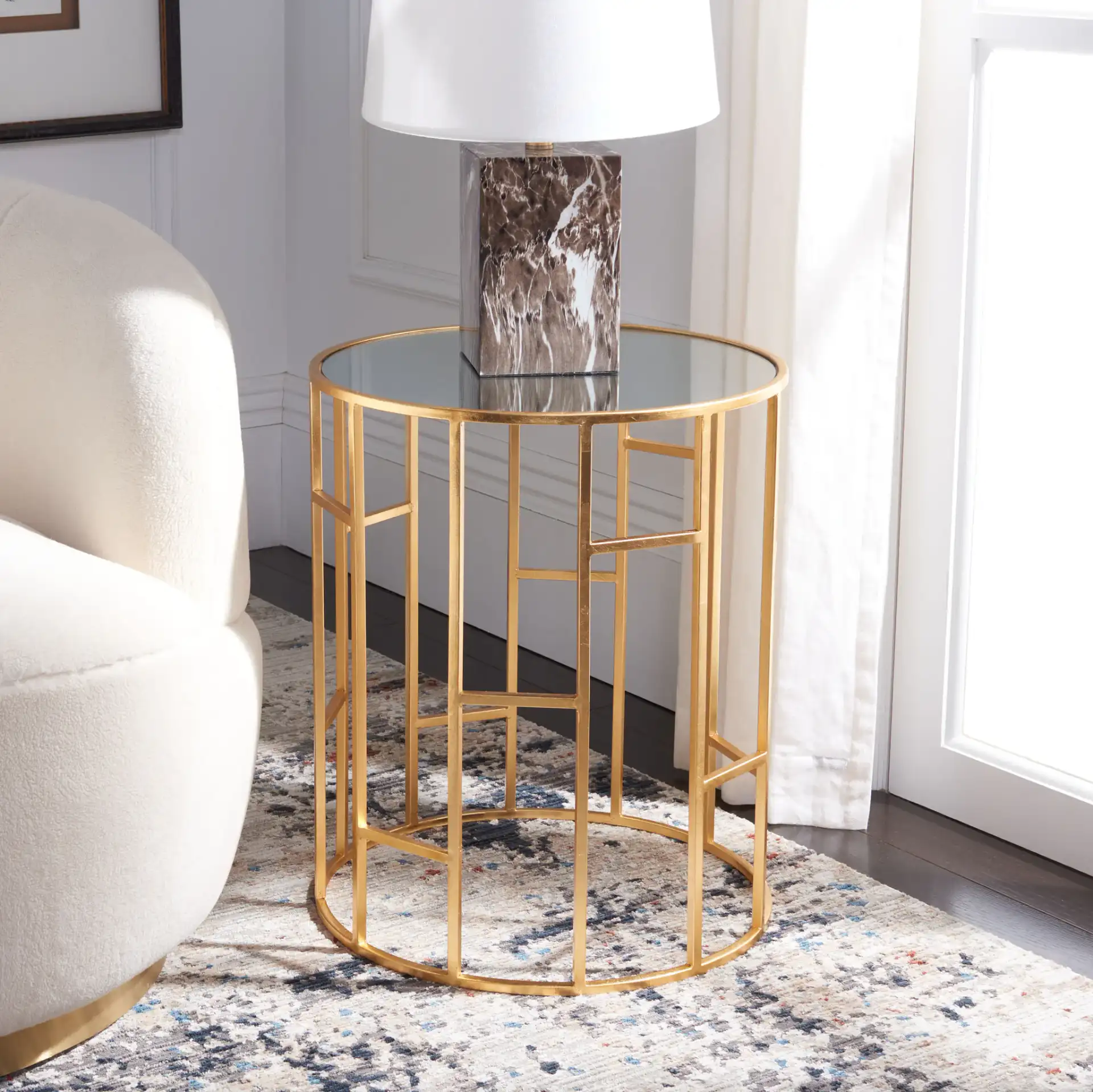 Doreen Accent Table in Gold in a styled room