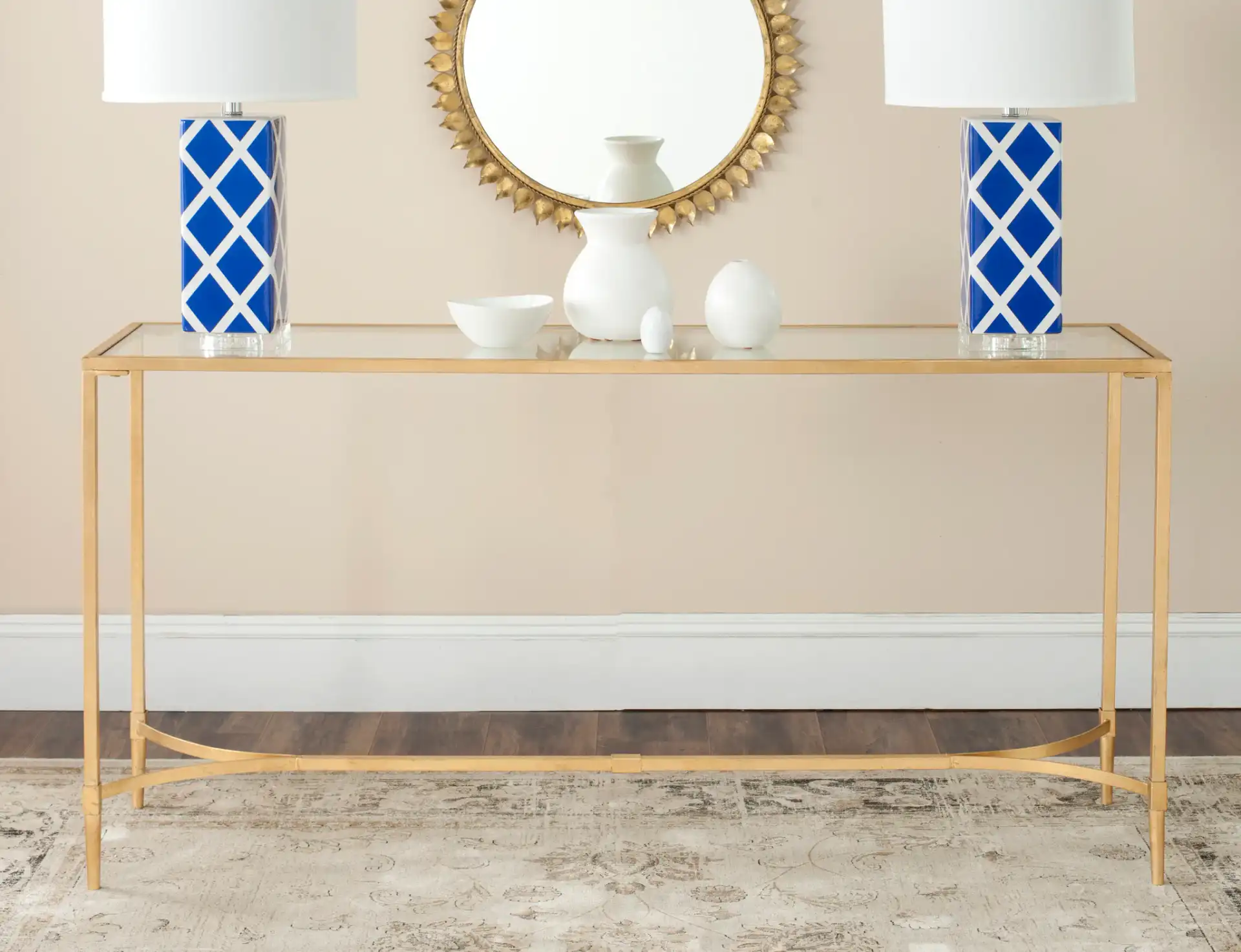 Antwan Console in Gold / Clear in a styled room