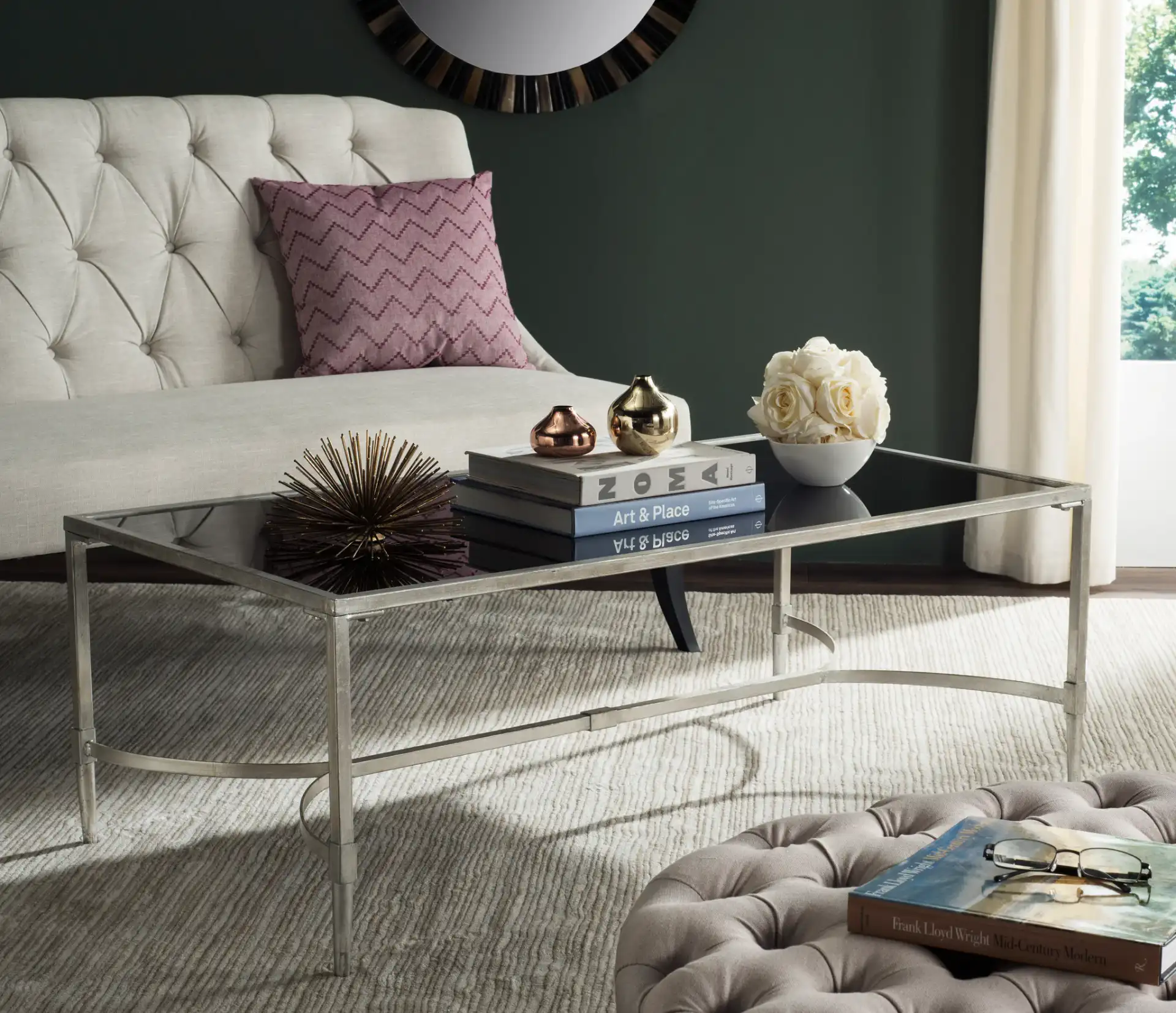 Antwan Coffee Table in Gold / Clear in a styled room
