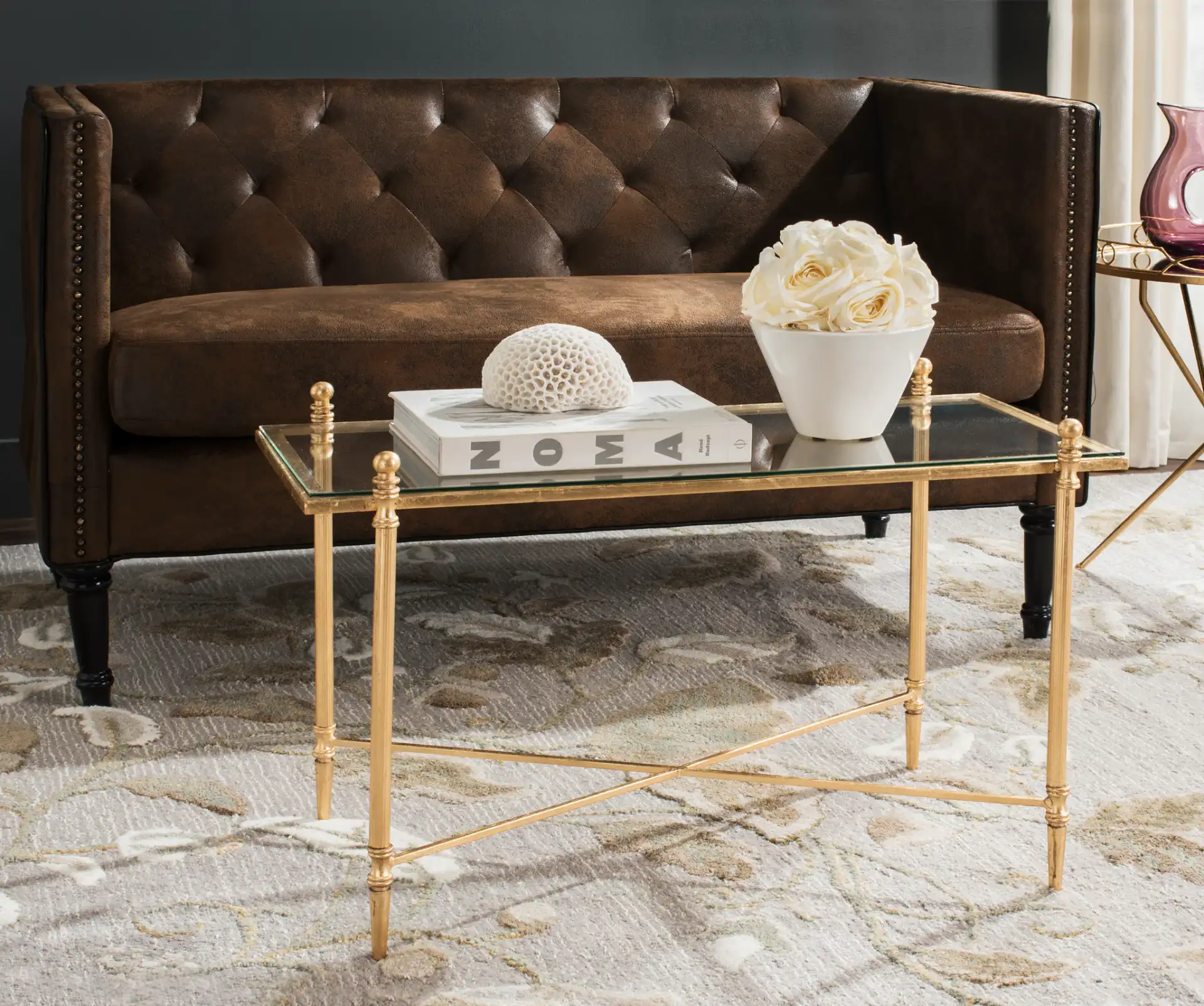 Tait Coffee Table in Gold / Clear in a styled room