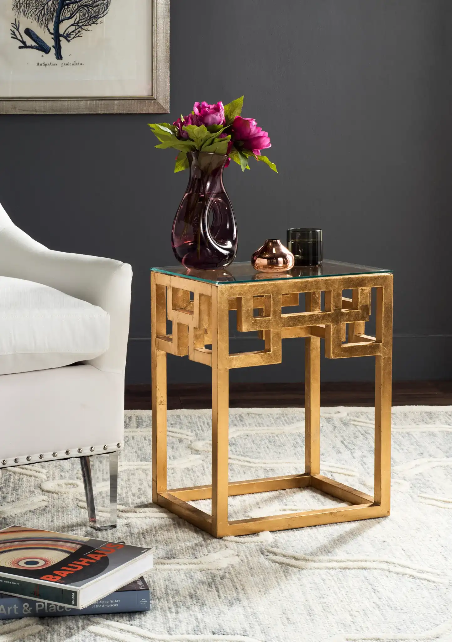 Byram End Table in Gold / Clear in a styled room