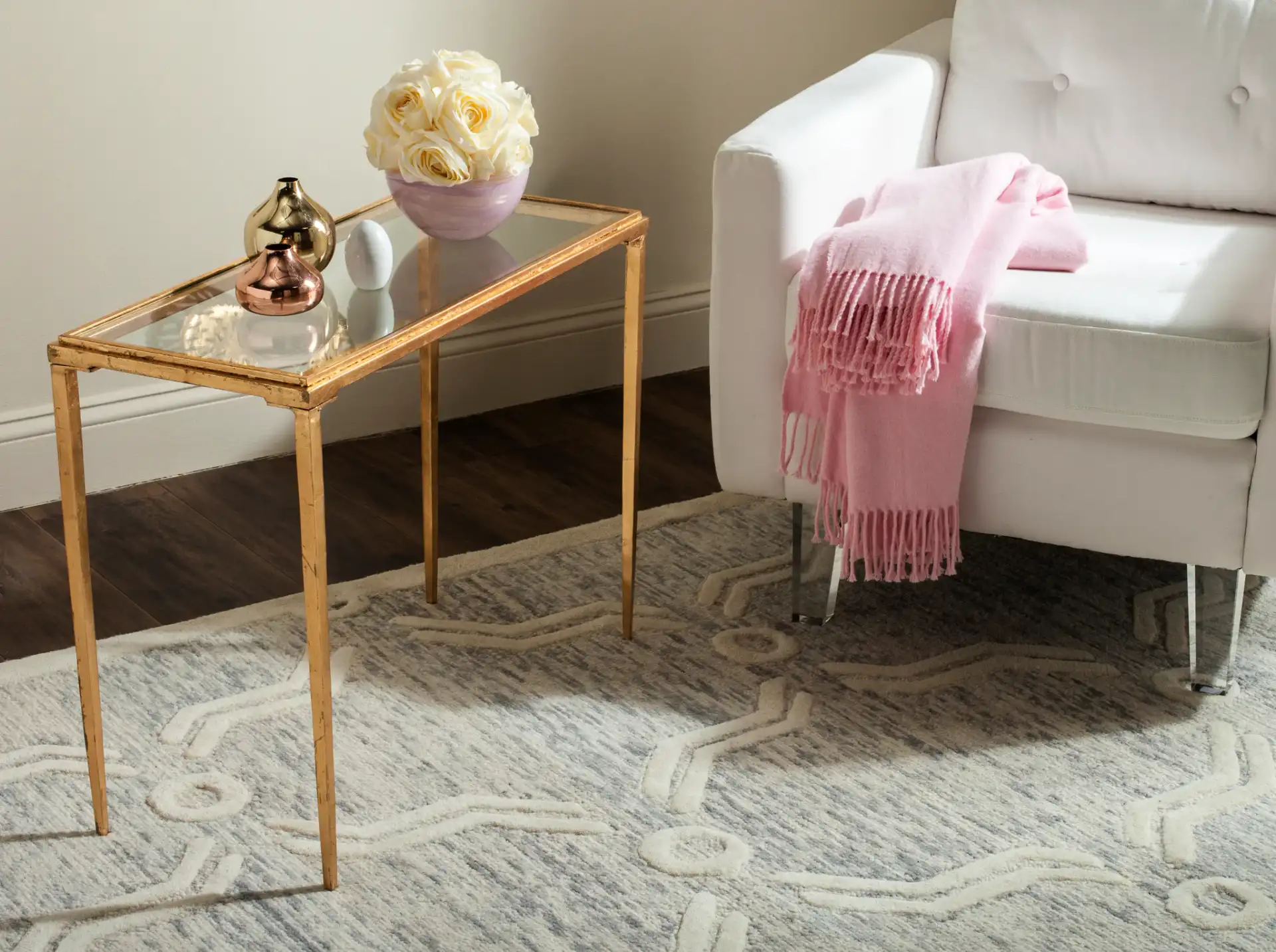 Juliana Coffee Table in Gold / Clear in a styled room