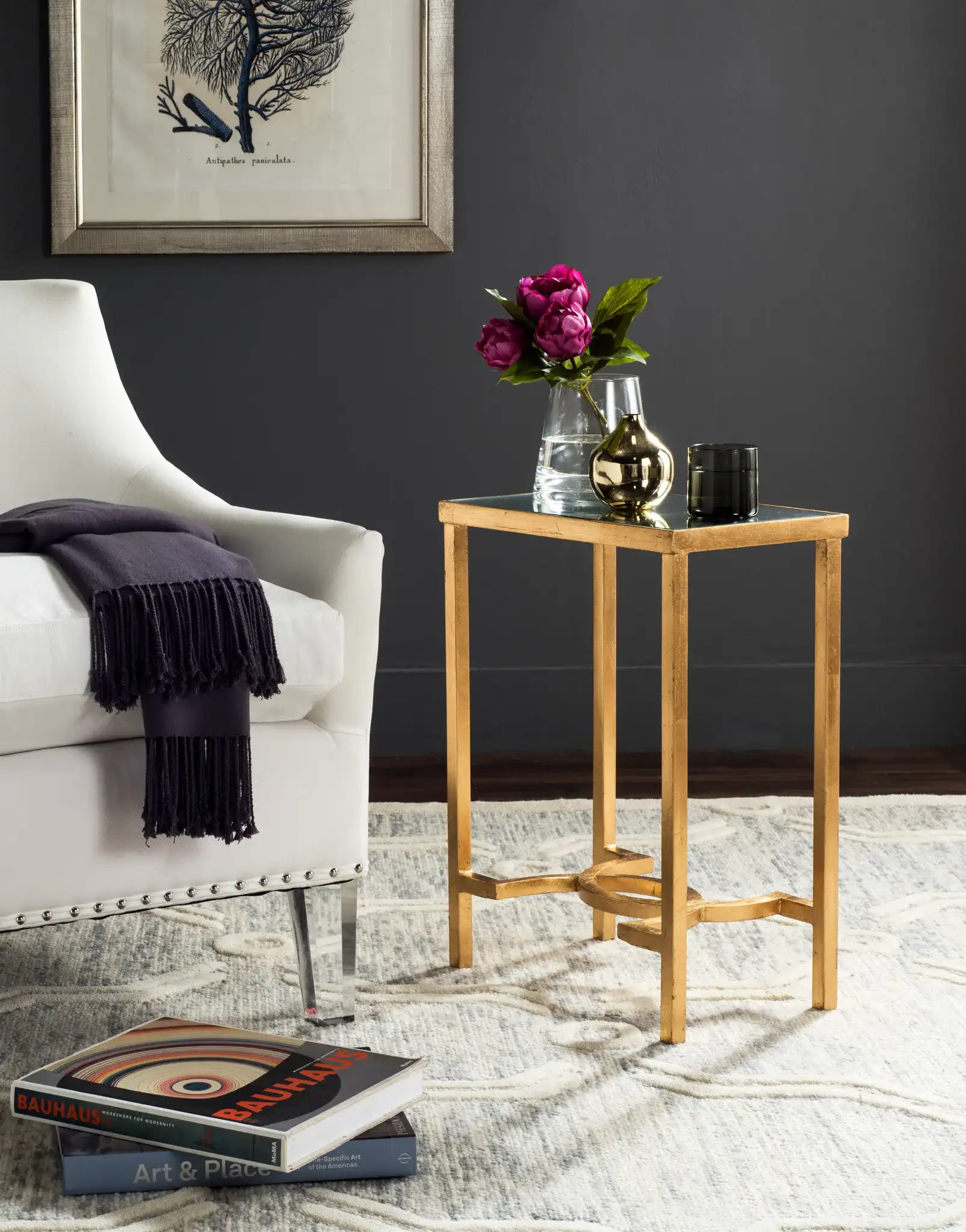 Mita End Table in Gold in a styled room